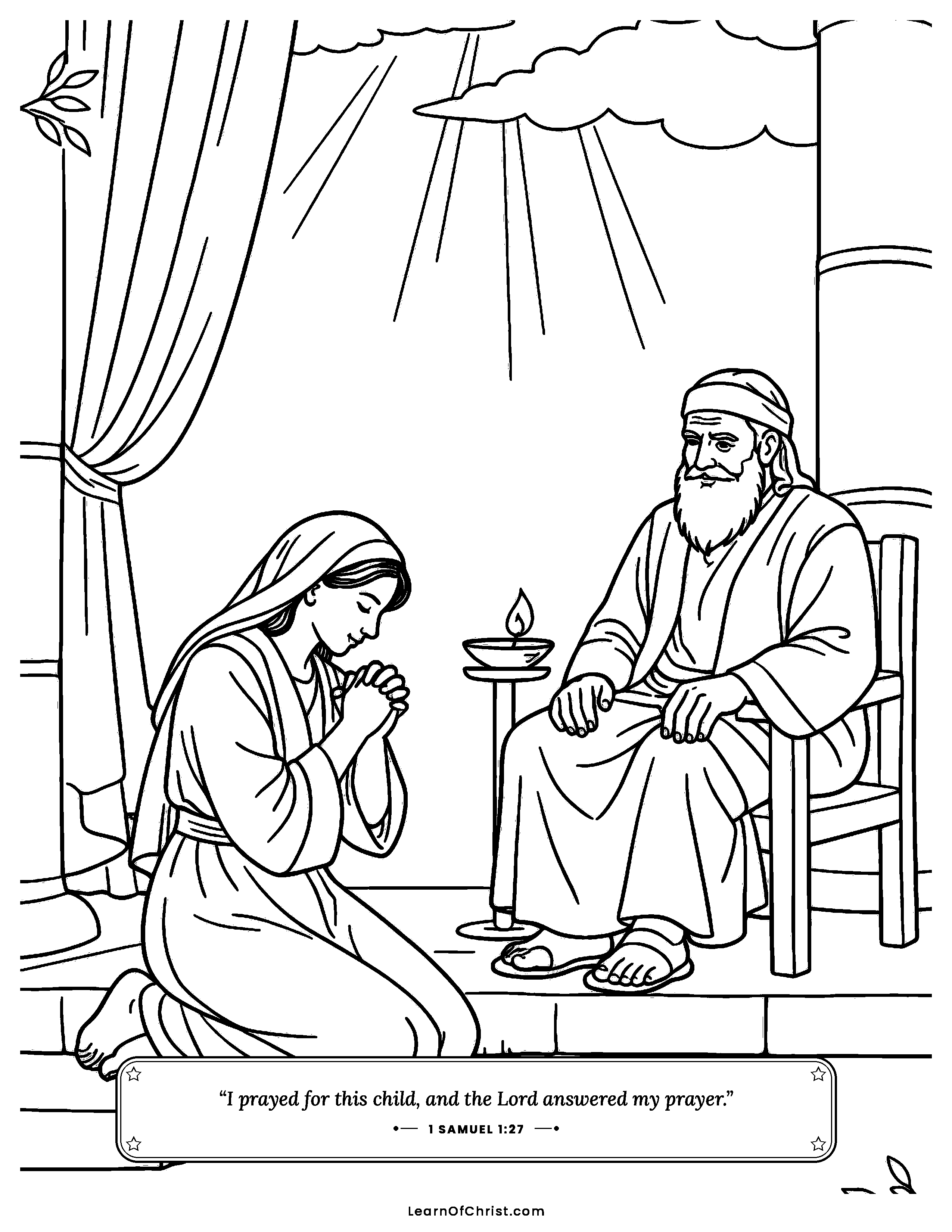 1 Samuel 1 coloring page - Hannah prays and pours out her heart. Free printable Bible coloring sheet for kids.