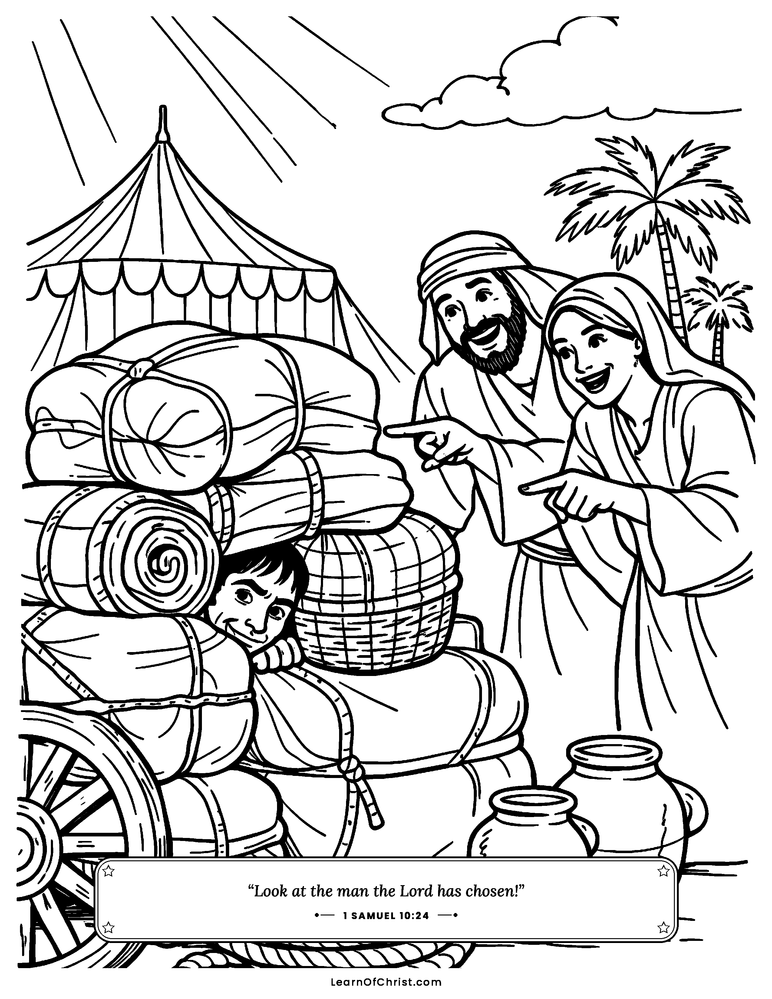 1 Samuel 10 coloring page - Saul hides among the bags and baggage. Free printable Bible coloring sheet for kids.