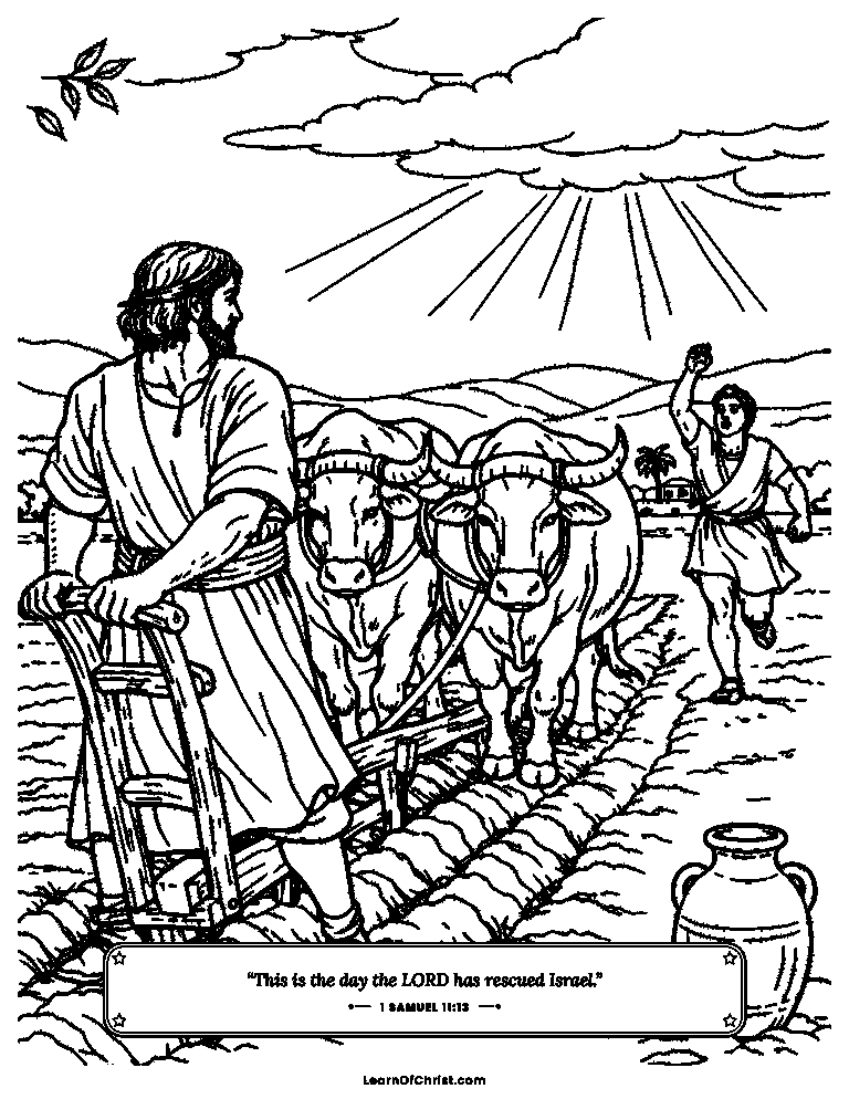 1 Samuel 11 coloring page - Saul leaves his oxen to help a town