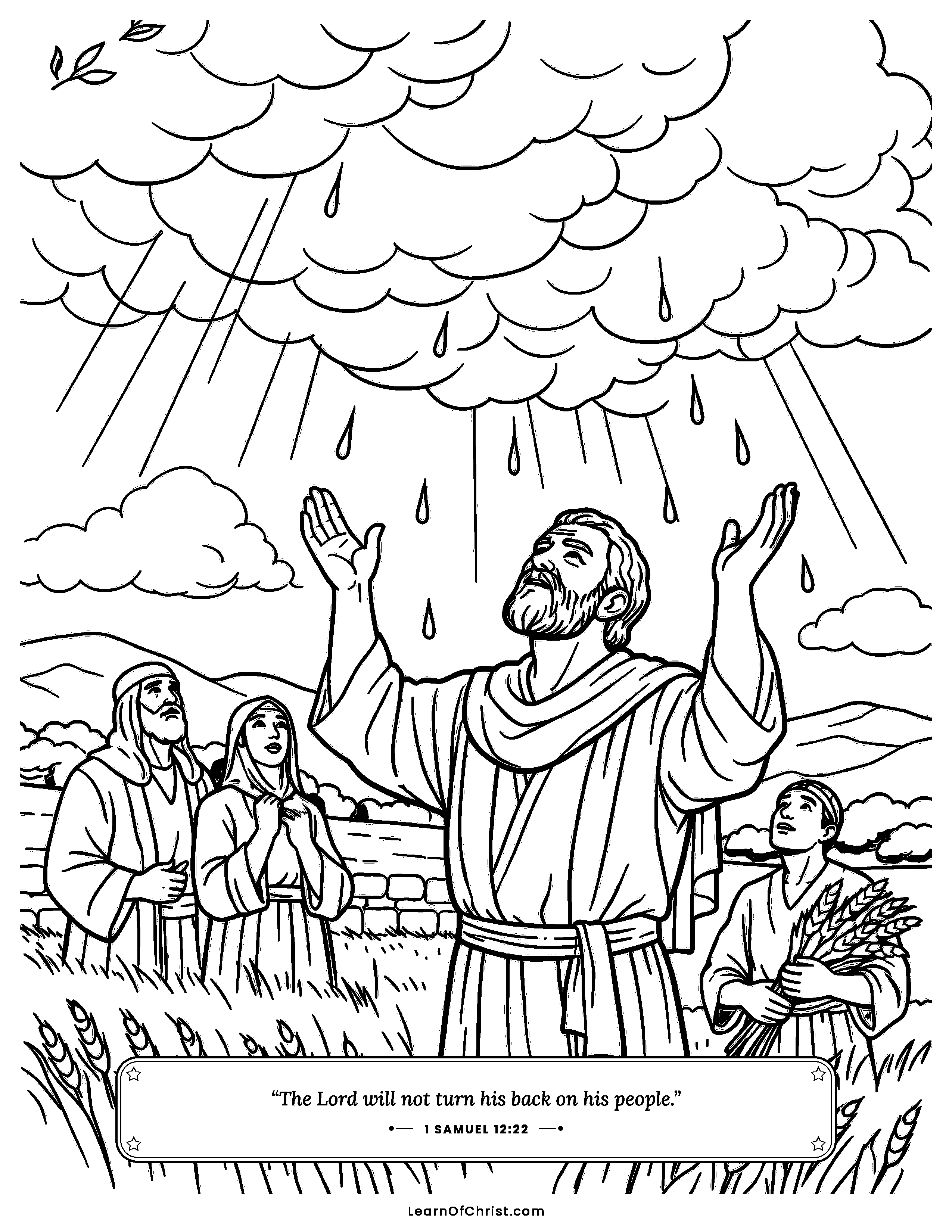 1 Samuel 12 coloring page - Samuel prays and rain falls on the harvest. Free printable Bible coloring sheet for kids.