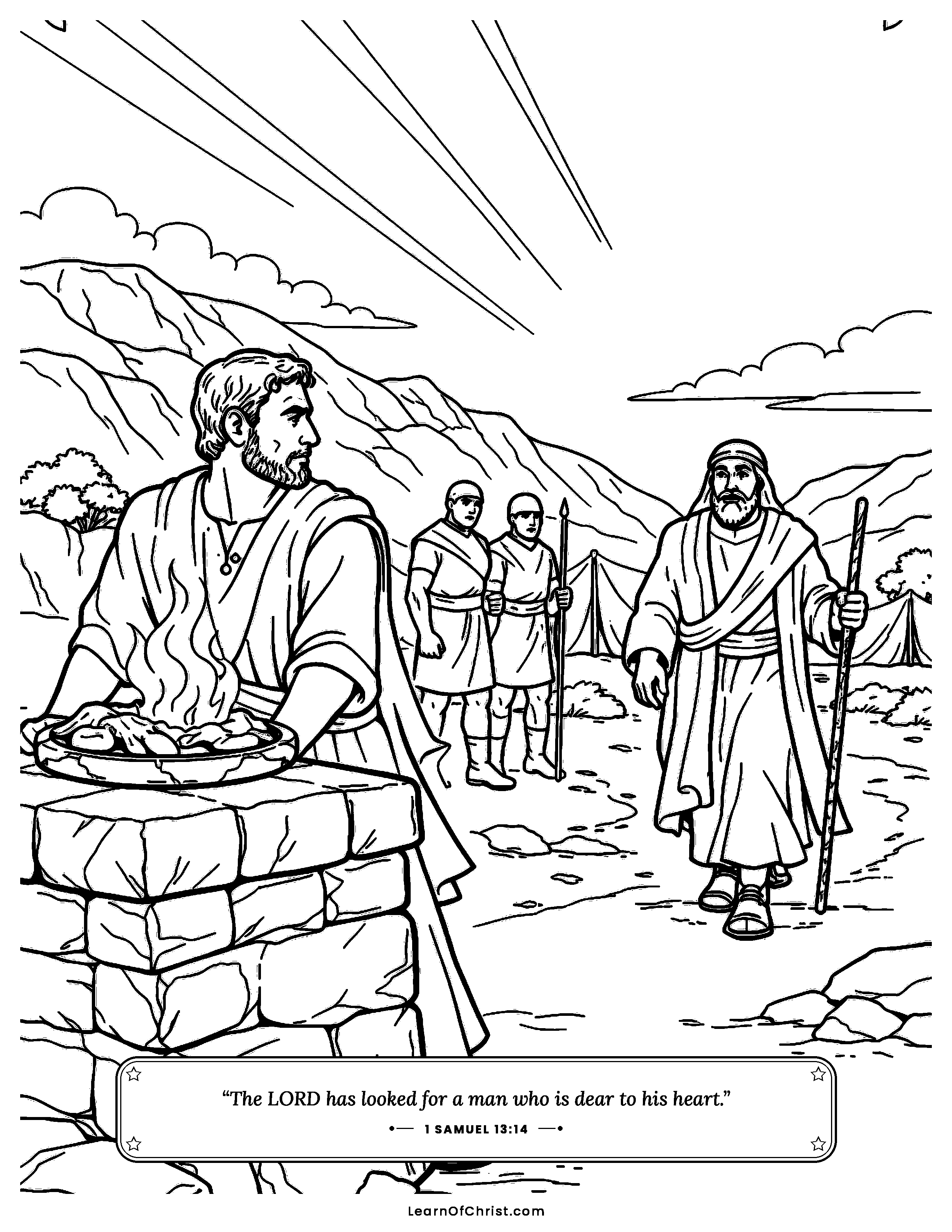 1 Samuel 13 coloring page - Saul does not wait for Samuel. Free printable Bible coloring sheet for kids.