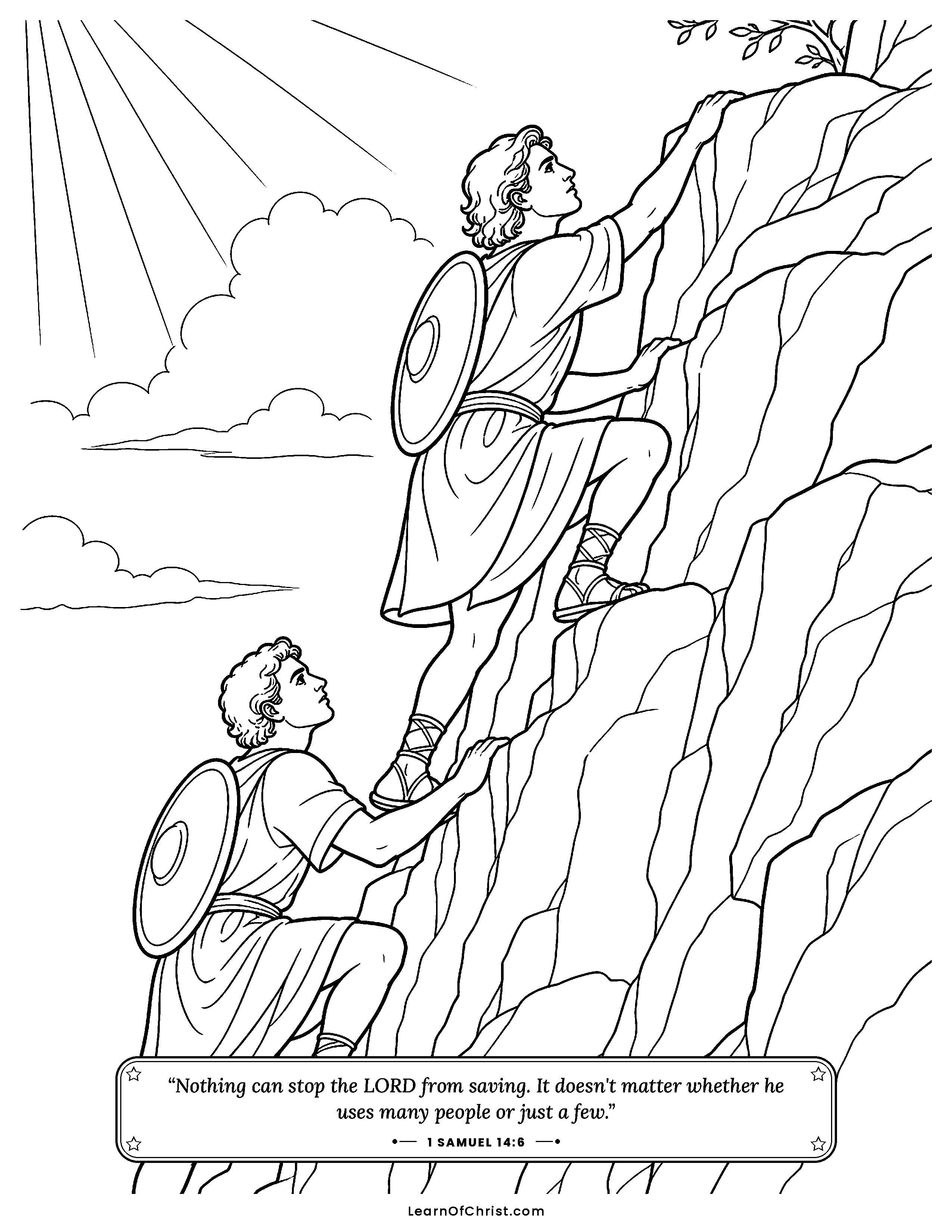 1 Samuel 14 coloring page - Jonathan and his helper climb the cliff. Free printable Bible coloring sheet for kids.