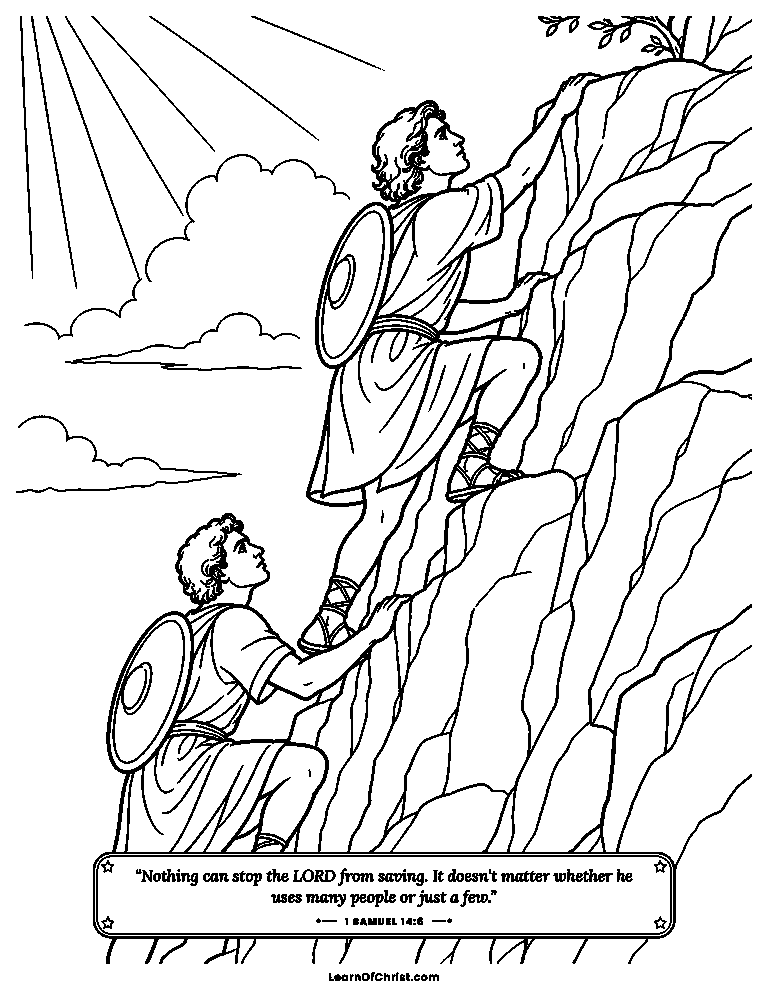 1 Samuel 14 coloring page - Jonathan and his helper climb the cliff