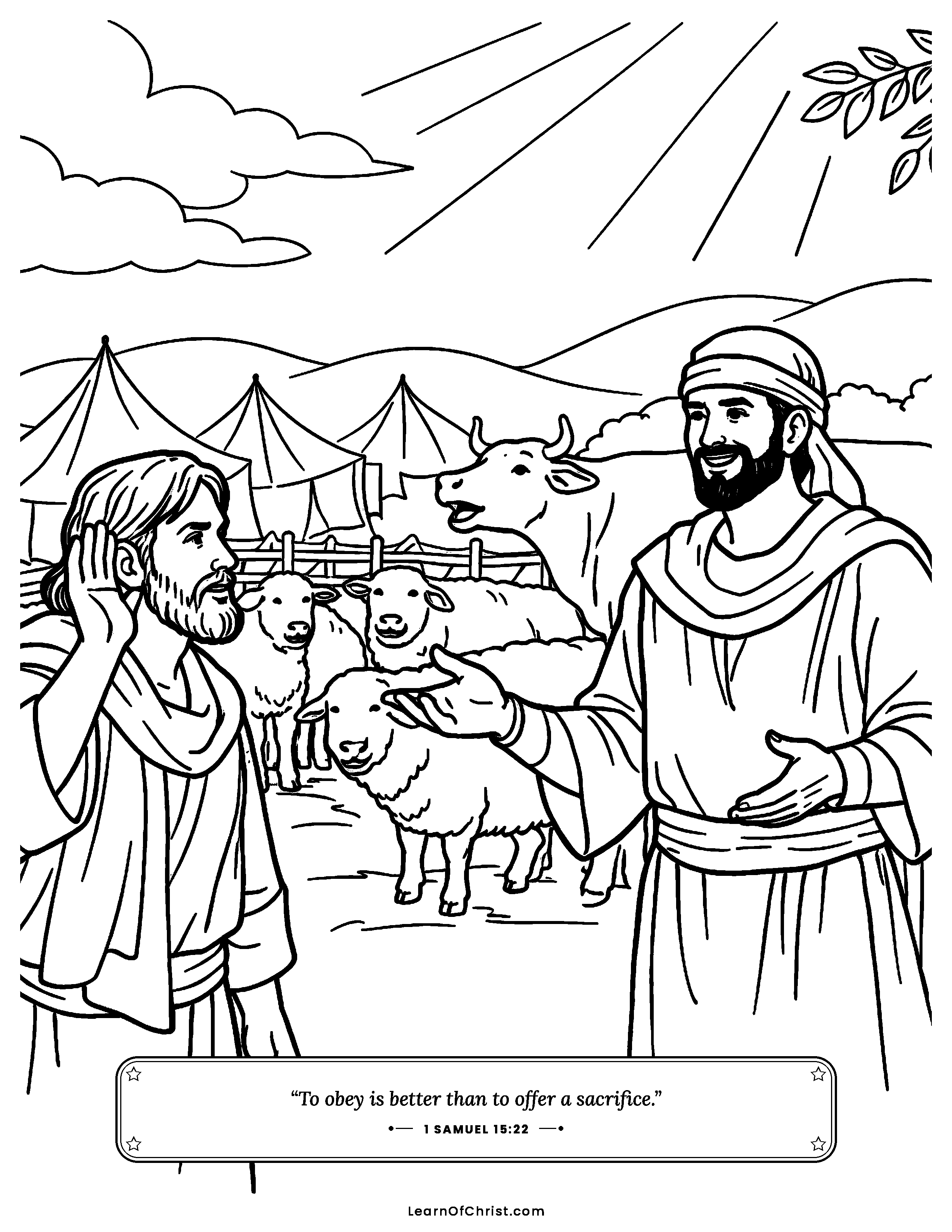 1 Samuel 15 coloring page - Samuel hears the sheep Saul kept. Free printable Bible coloring sheet for kids.