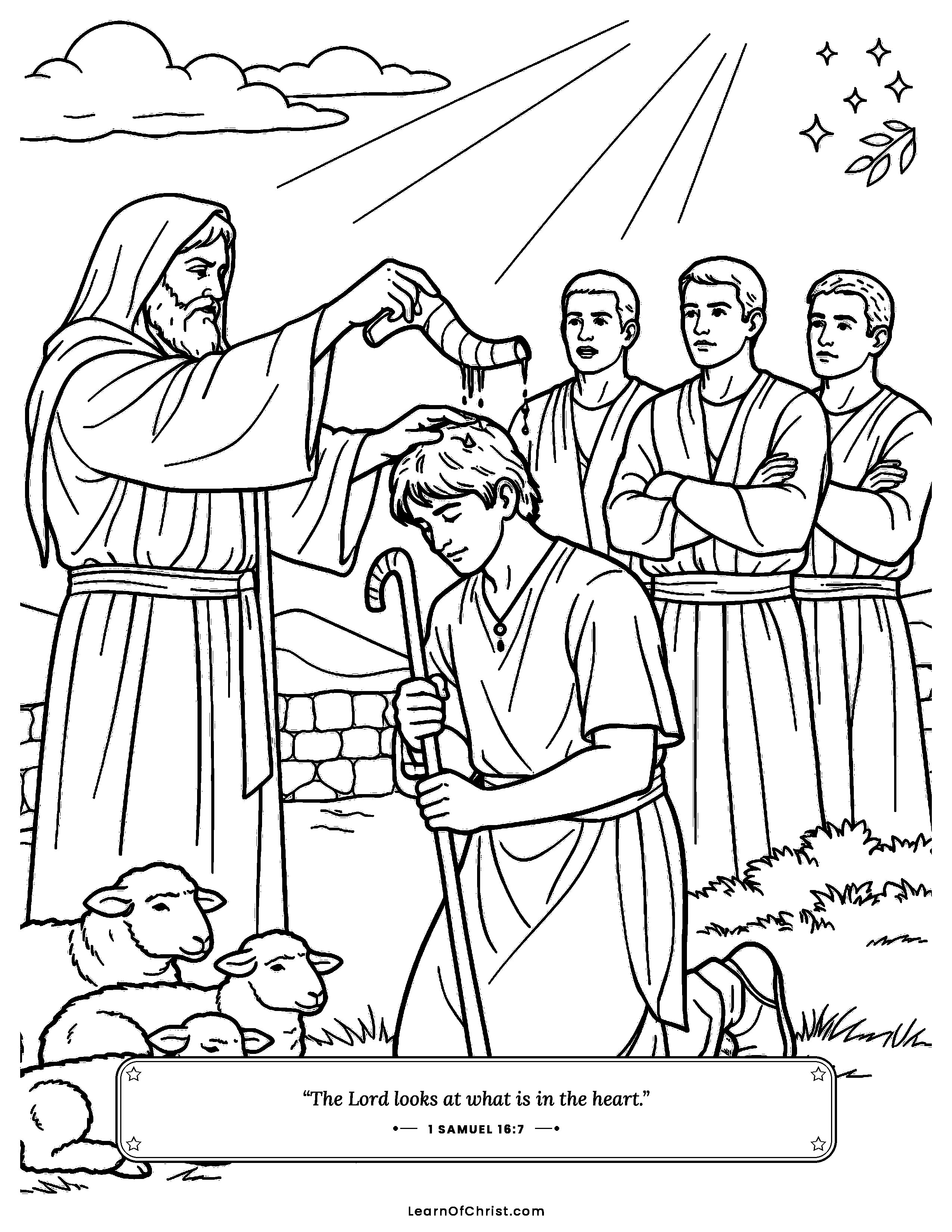 1 Samuel 16 coloring page - Samuel anoints young David the shepherd. Free printable Bible coloring sheet for kids.