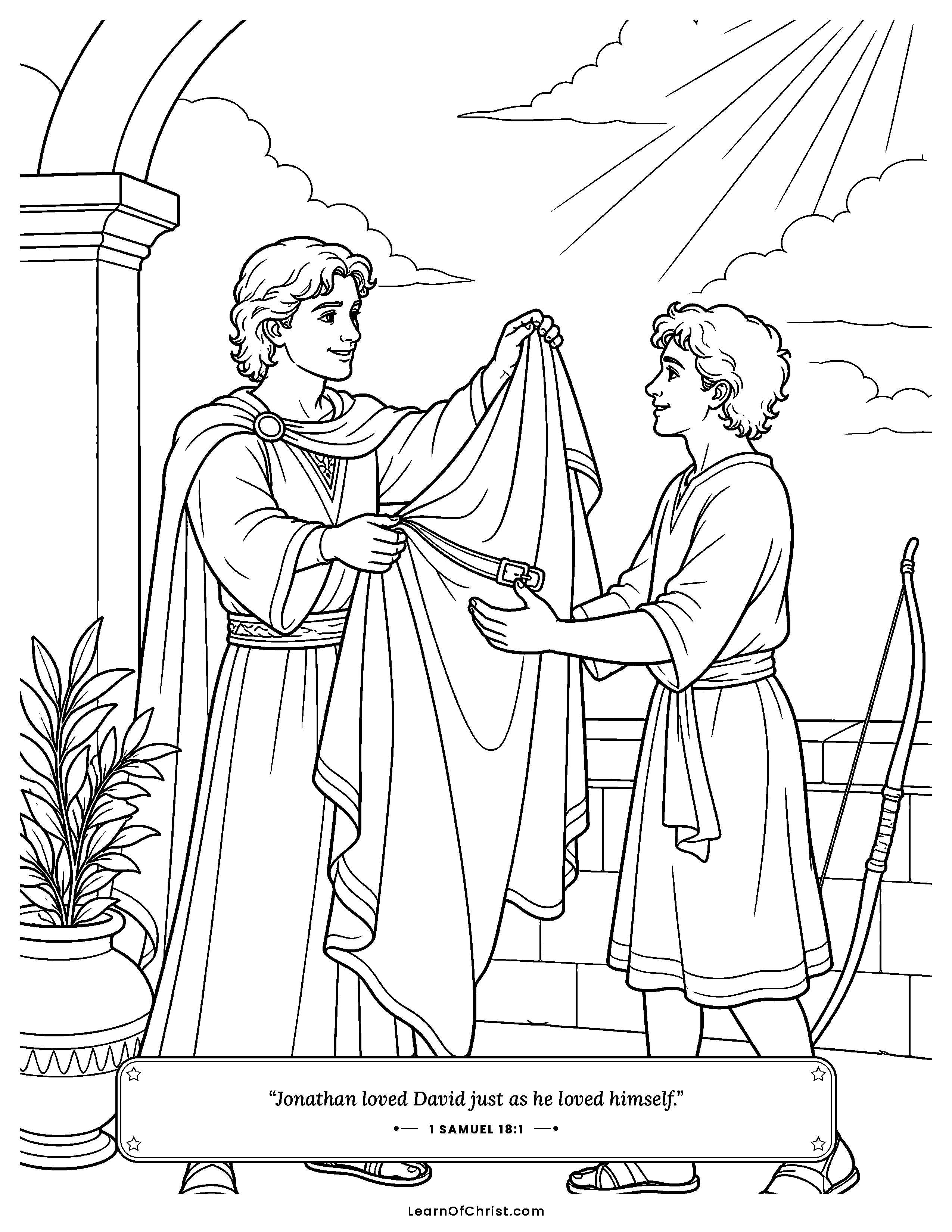 1 Samuel 18 coloring page - Jonathan gives David his robe and belt. Free printable Bible coloring sheet for kids.