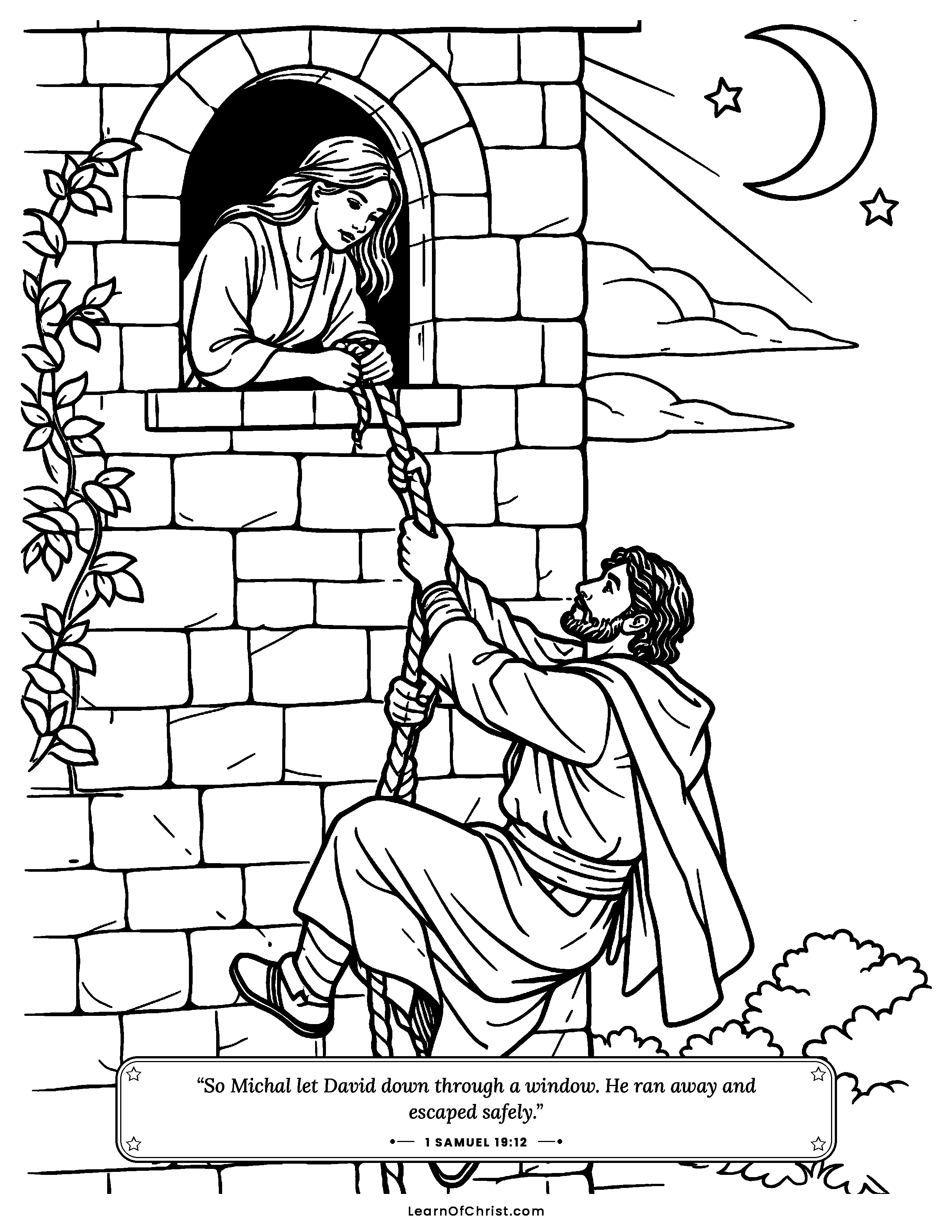 1 Samuel 19 coloring page - Michal helps David escape through a window. Free printable Bible coloring sheet for kids.