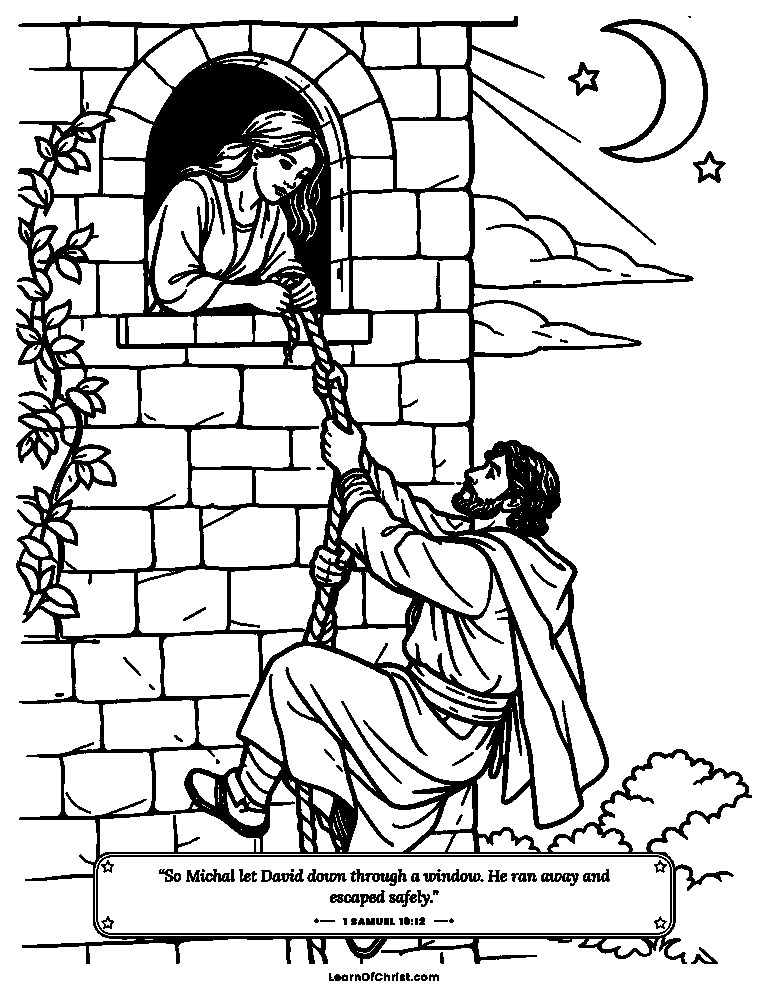 1 Samuel 19 coloring page - Michal helps David escape through a window