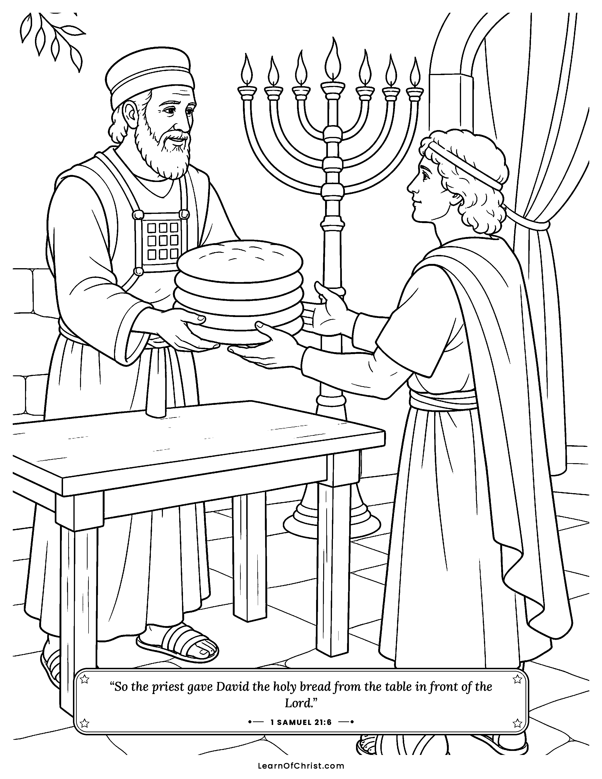 1 Samuel 21 coloring page - A priest gives David the holy bread. Free printable Bible coloring sheet for kids.