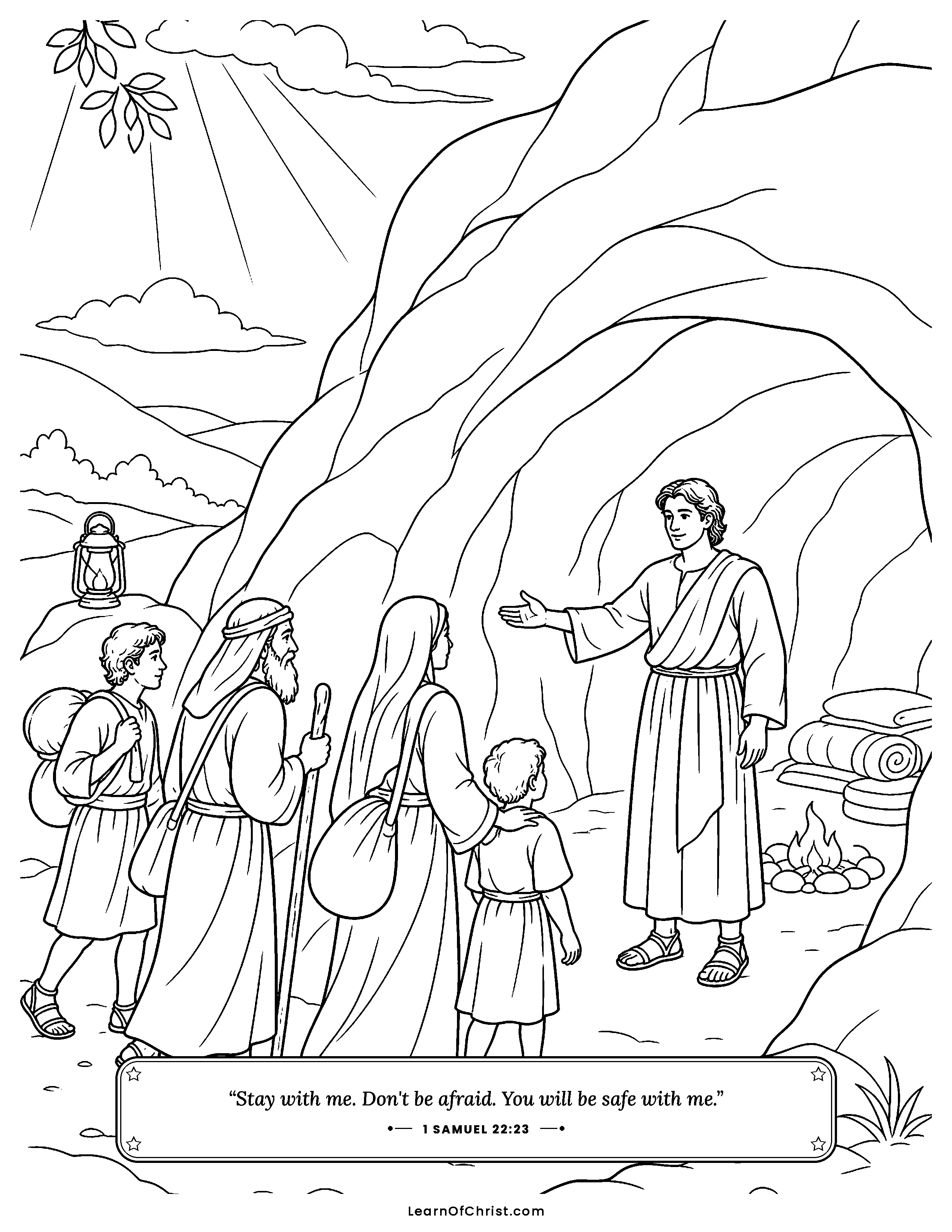 1 Samuel 22 coloring page - A cave becomes a shelter for many. Free printable Bible coloring sheet for kids.