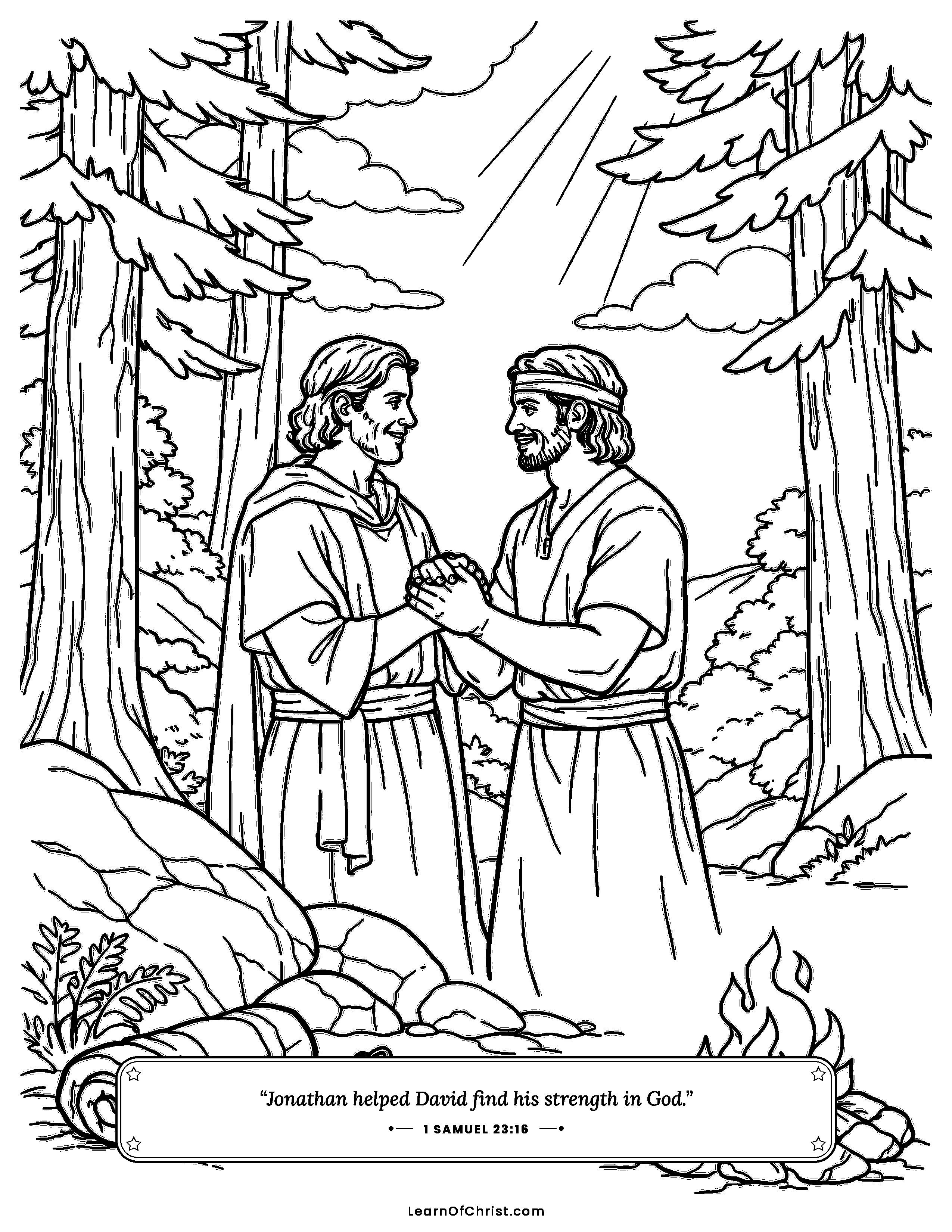 1 Samuel 23 coloring page - Jonathan finds David in the woods. Free printable Bible coloring sheet for kids.