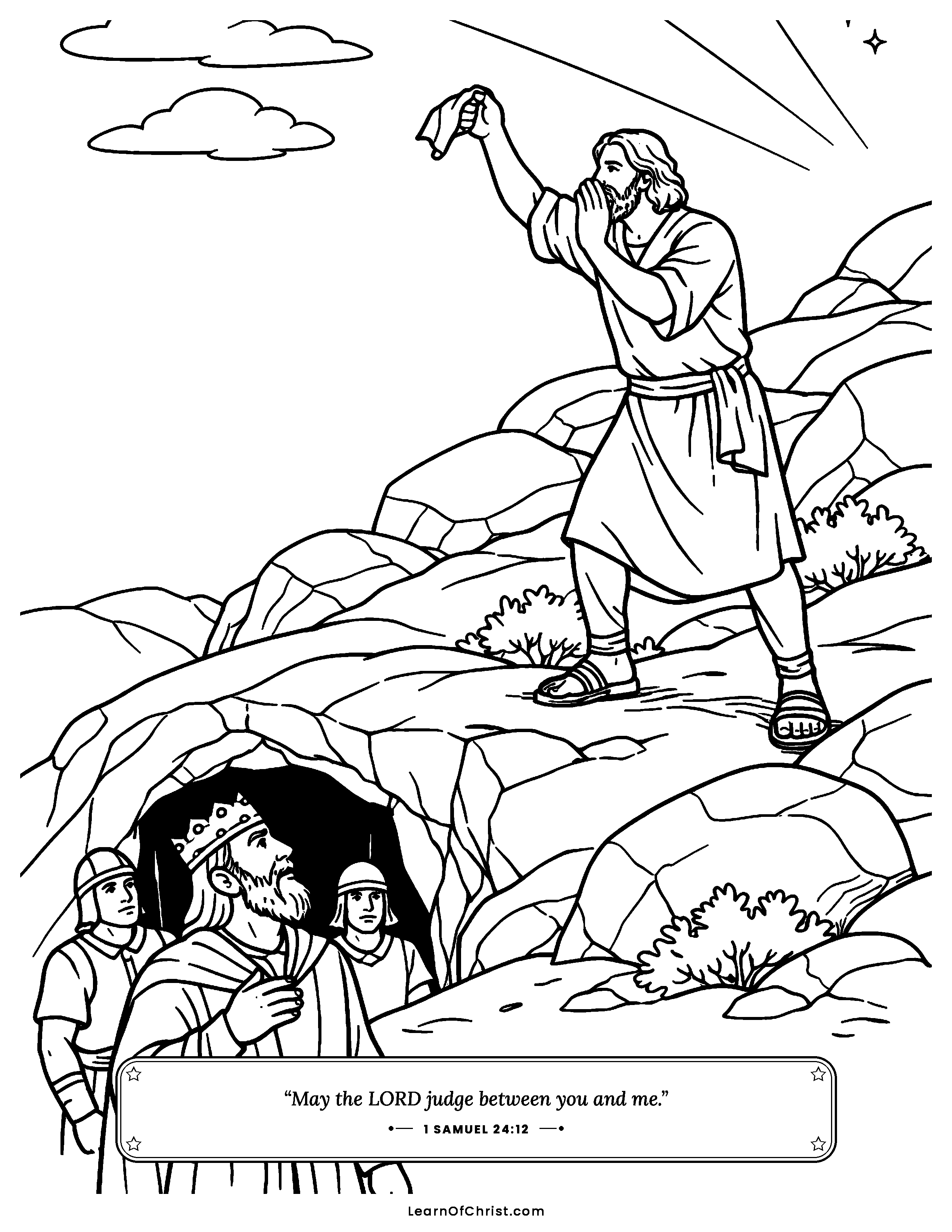 1 Samuel 24 coloring page - David shows Saul the corner of his robe. Free printable Bible coloring sheet for kids.