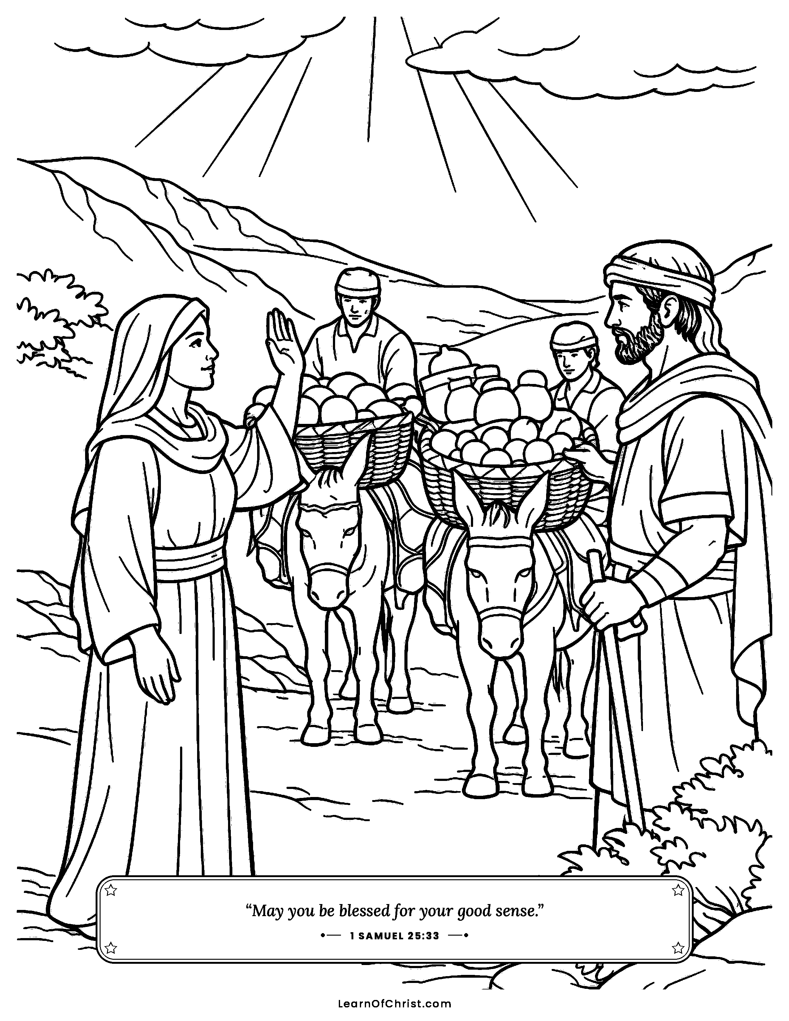1 Samuel 25 coloring page - Abigail brings food to meet David. Free printable Bible coloring sheet for kids.