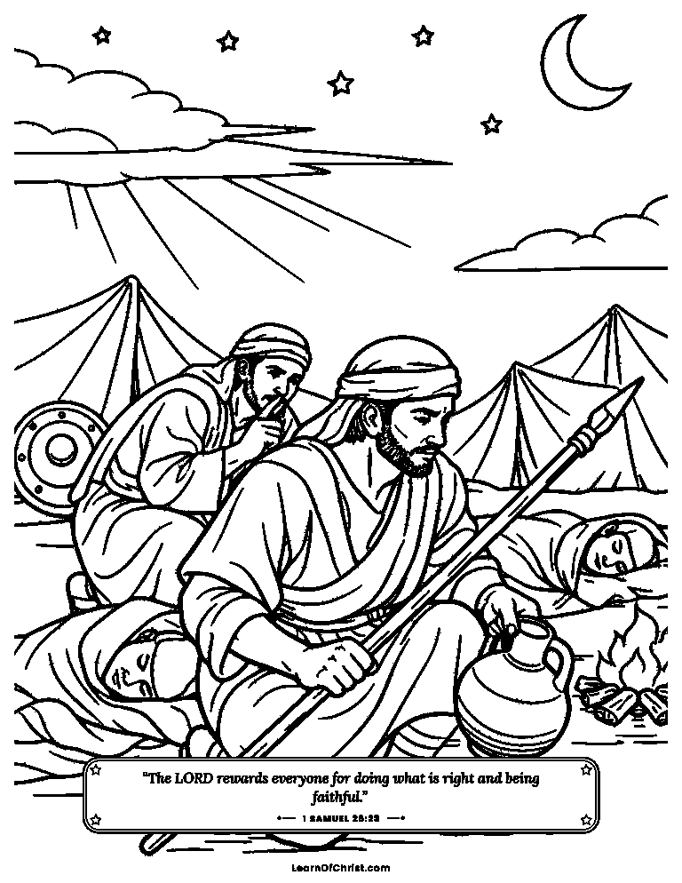 1 Samuel 26 coloring page - David takes the spear and water jug