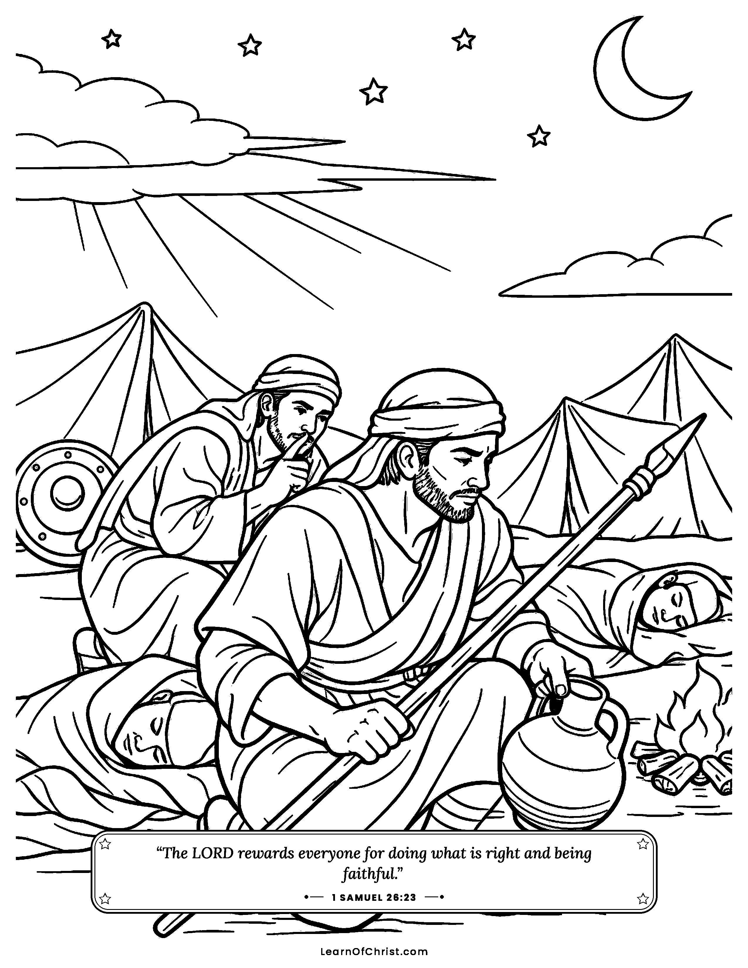 1 Samuel 26 coloring page - David takes the spear and water jug. Free printable Bible coloring sheet for kids.