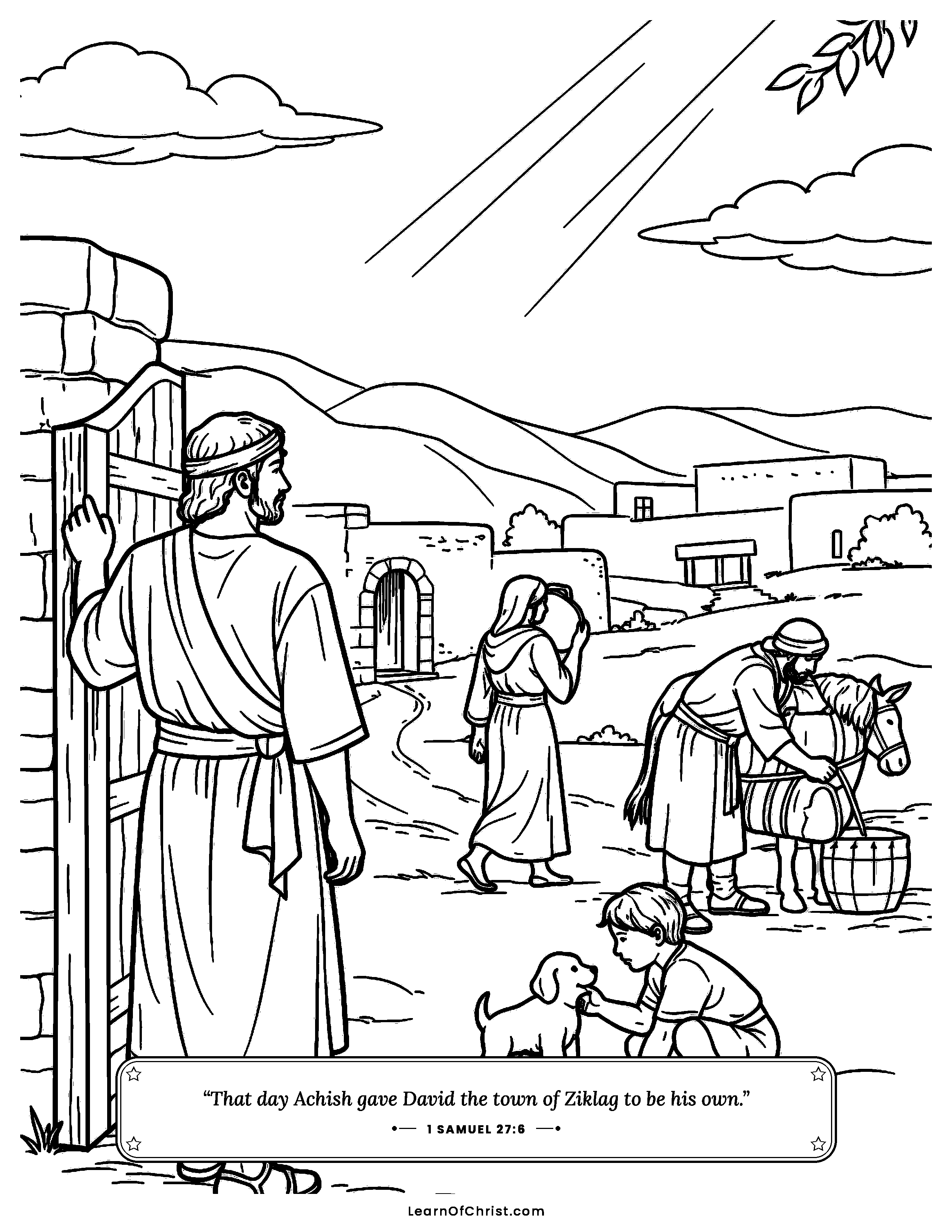 1 Samuel 27 coloring page - David finds a resting place at last. Free printable Bible coloring sheet for kids.