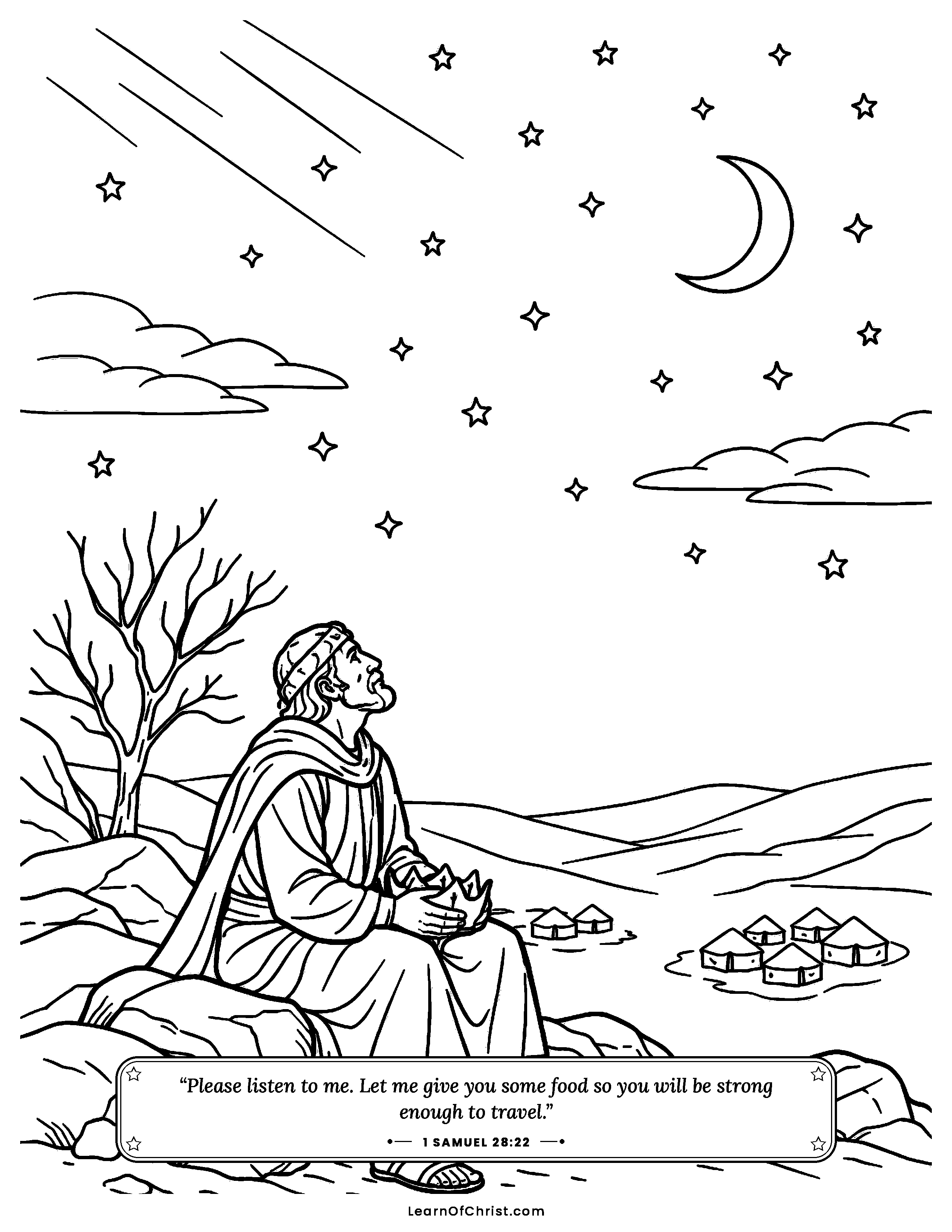 1 Samuel 28 coloring page - Saul feels alone on a dark night. Free printable Bible coloring sheet for kids.