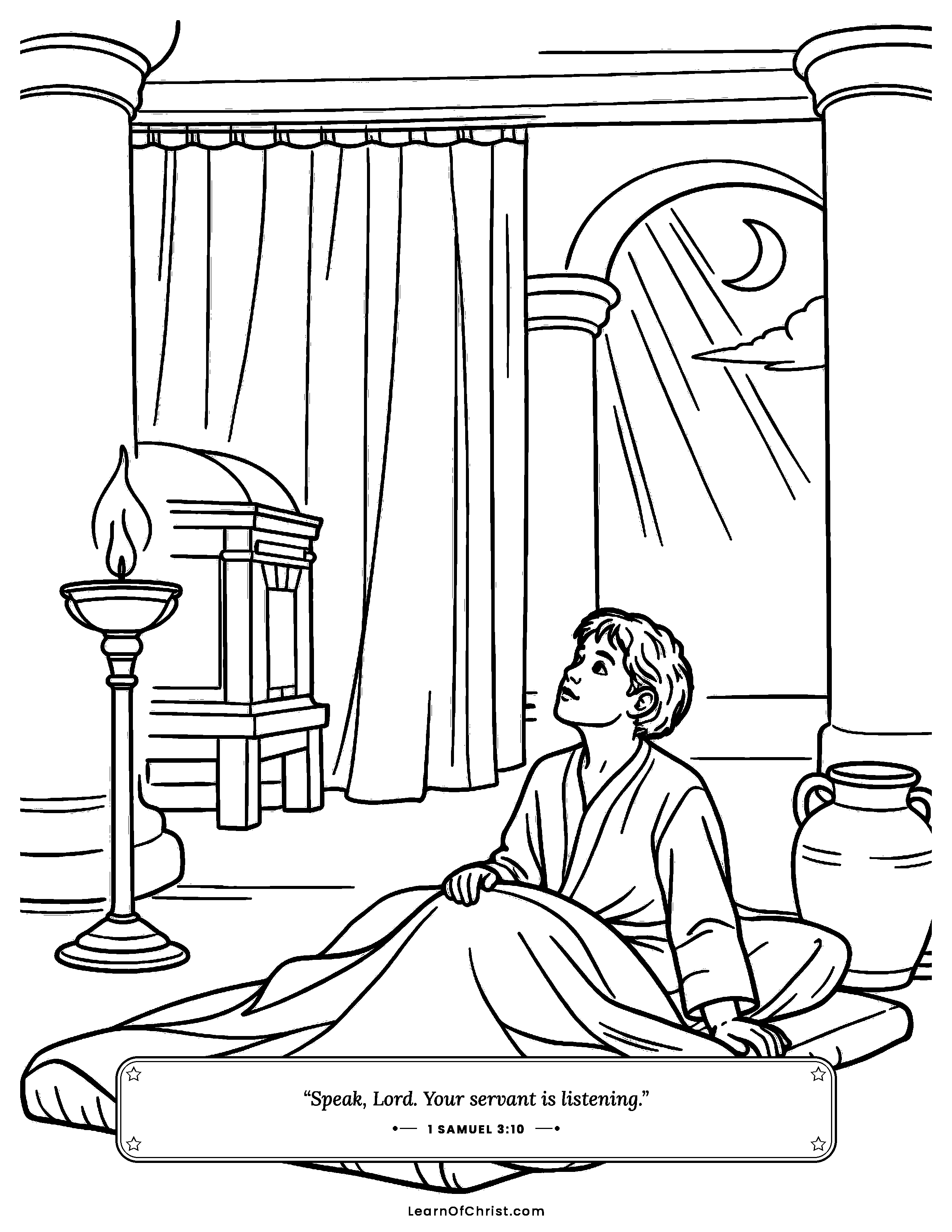 1 Samuel 3 coloring page - Samuel hears God call in the night. Free printable Bible coloring sheet for kids.