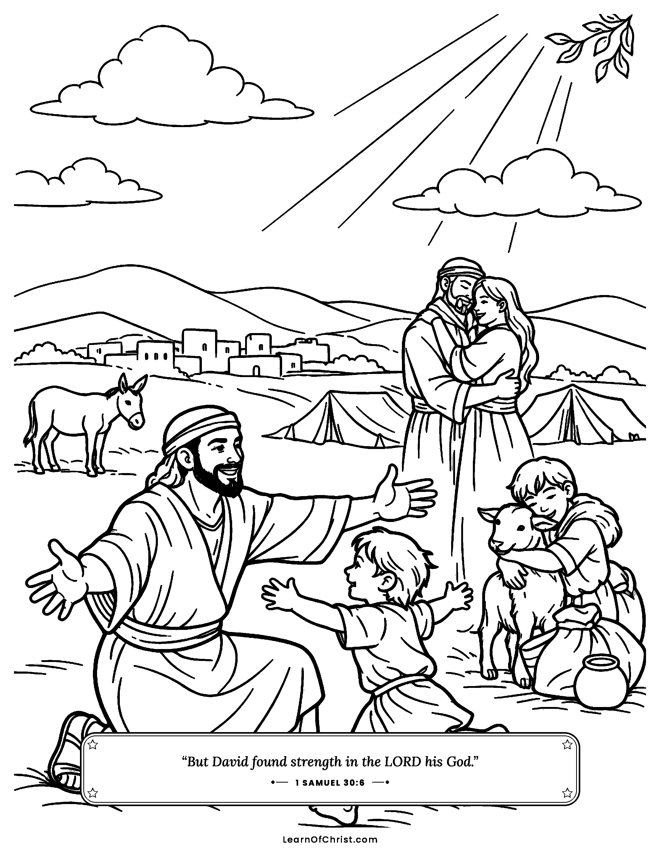 1 Samuel 30 coloring page - Families are reunited after the rescue. Free printable Bible coloring sheet for kids.
