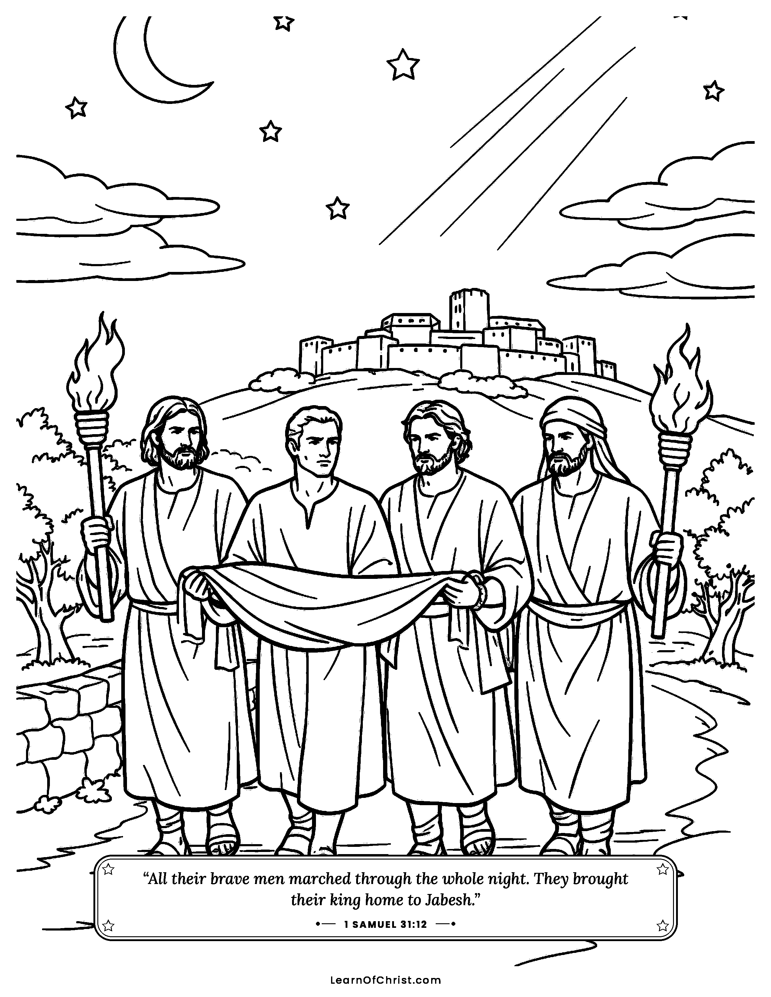 1 Samuel 31 coloring page - Brave men travel by night to honor a king. Free printable Bible coloring sheet for kids.