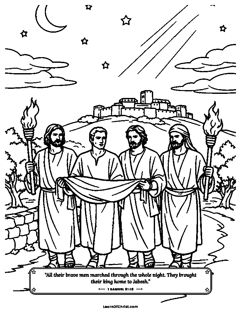 1 Samuel 31 coloring page - Brave men travel by night to honor a king