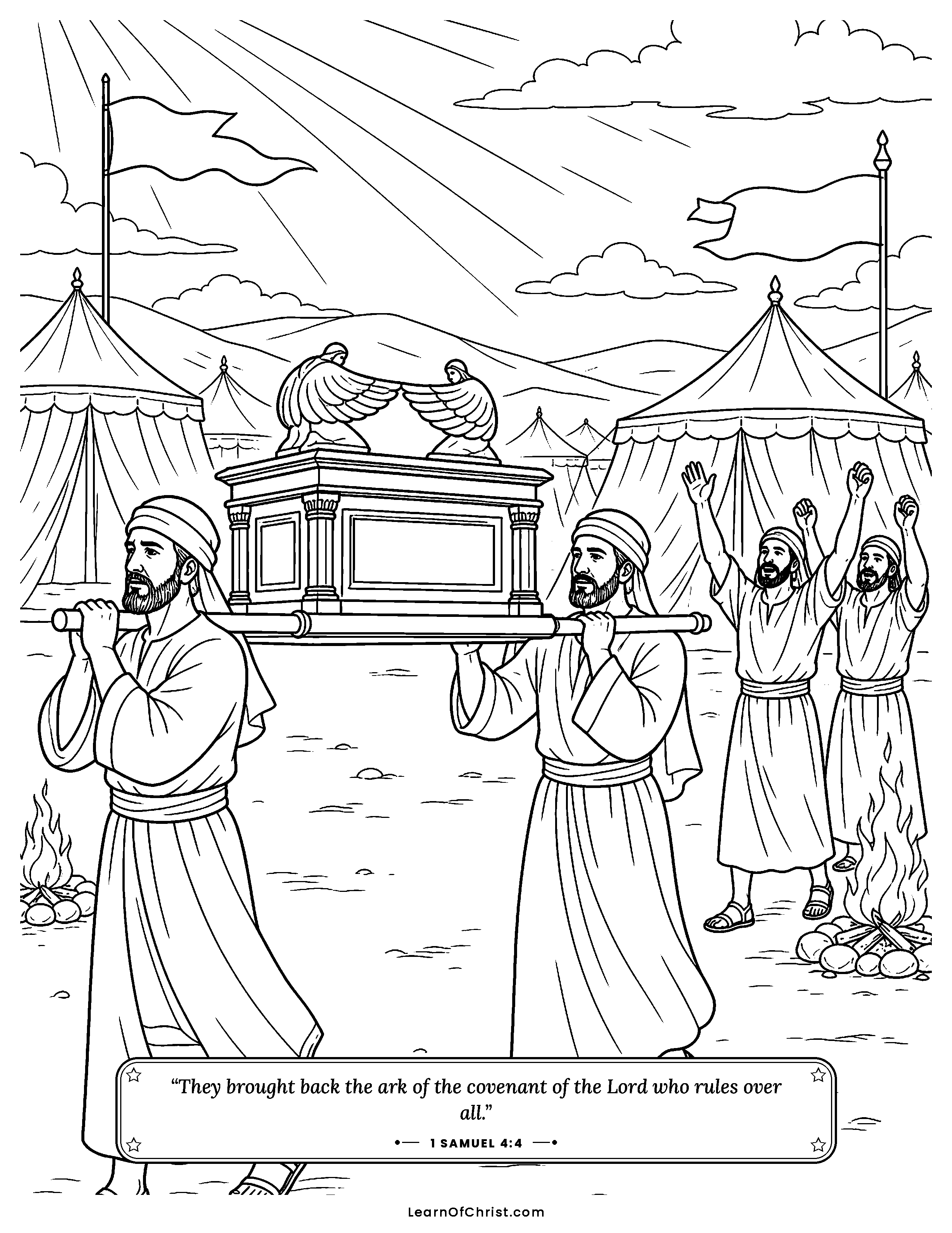 1 Samuel 4 coloring page - The ark is carried out to the camp. Free printable Bible coloring sheet for kids.