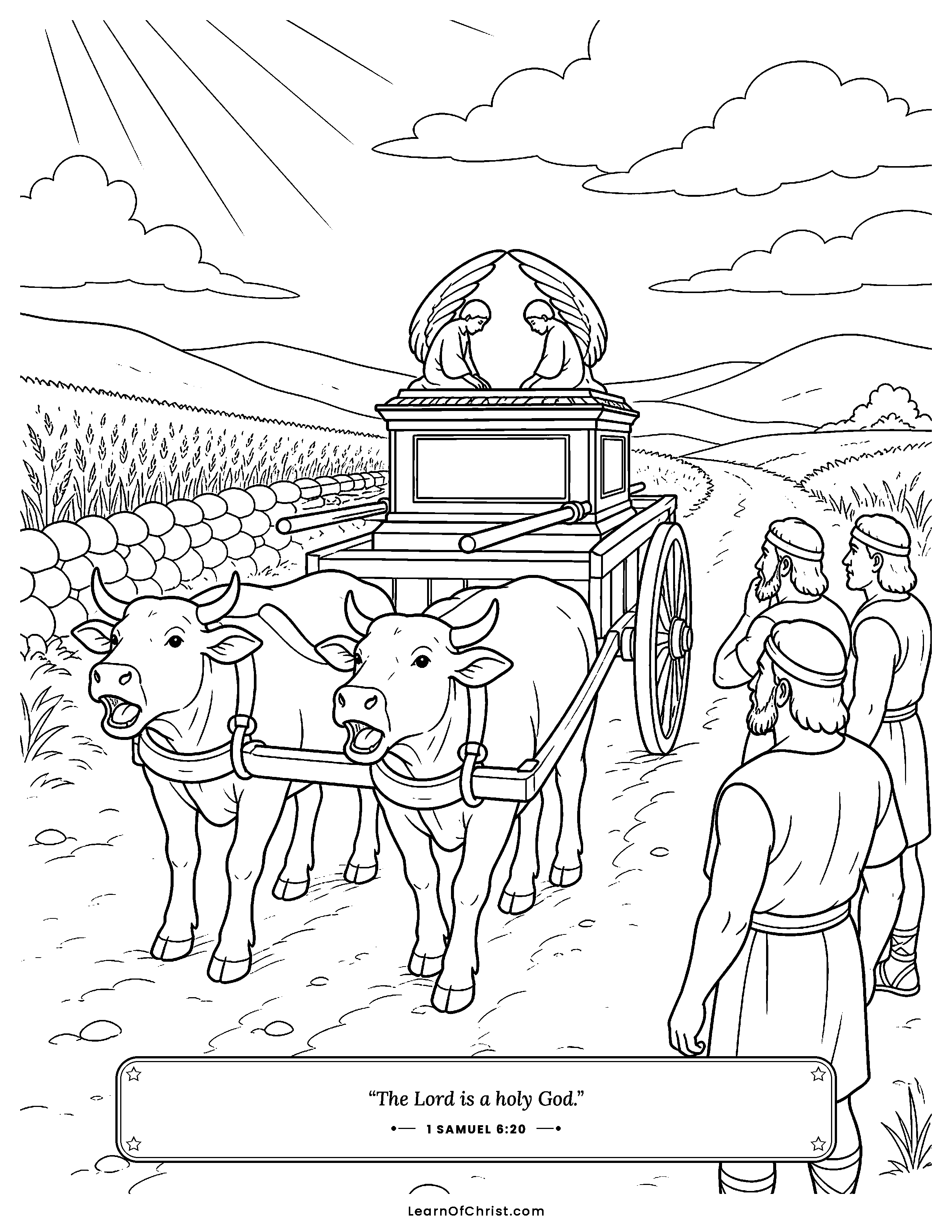 1 Samuel 6 coloring page - Two cows pull the ark home. Free printable Bible coloring sheet for kids.