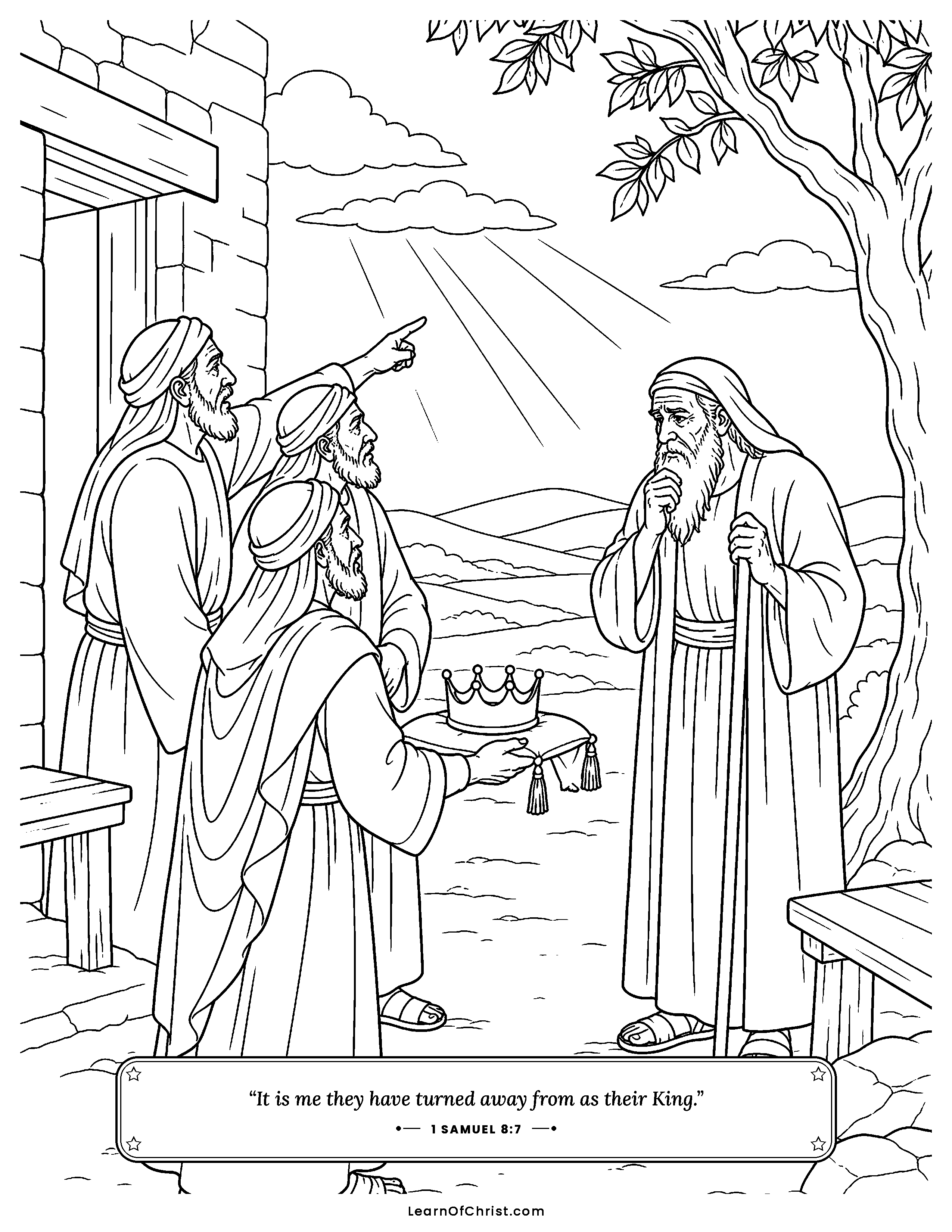 1 Samuel 8 coloring page - The people ask Samuel for a king. Free printable Bible coloring sheet for kids.
