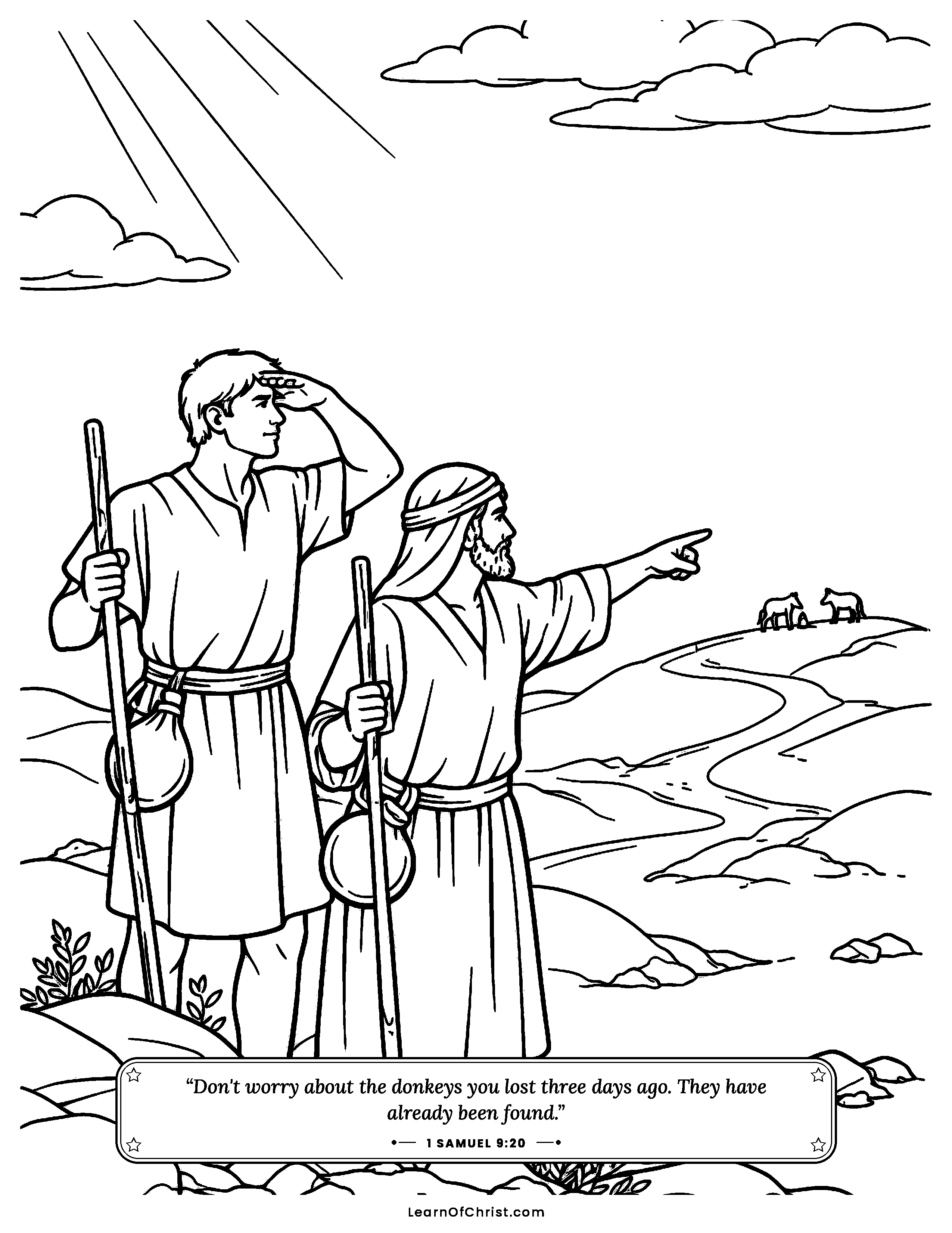 1 Samuel 9 coloring page - Saul searches for his father's lost donkeys. Free printable Bible coloring sheet for kids.