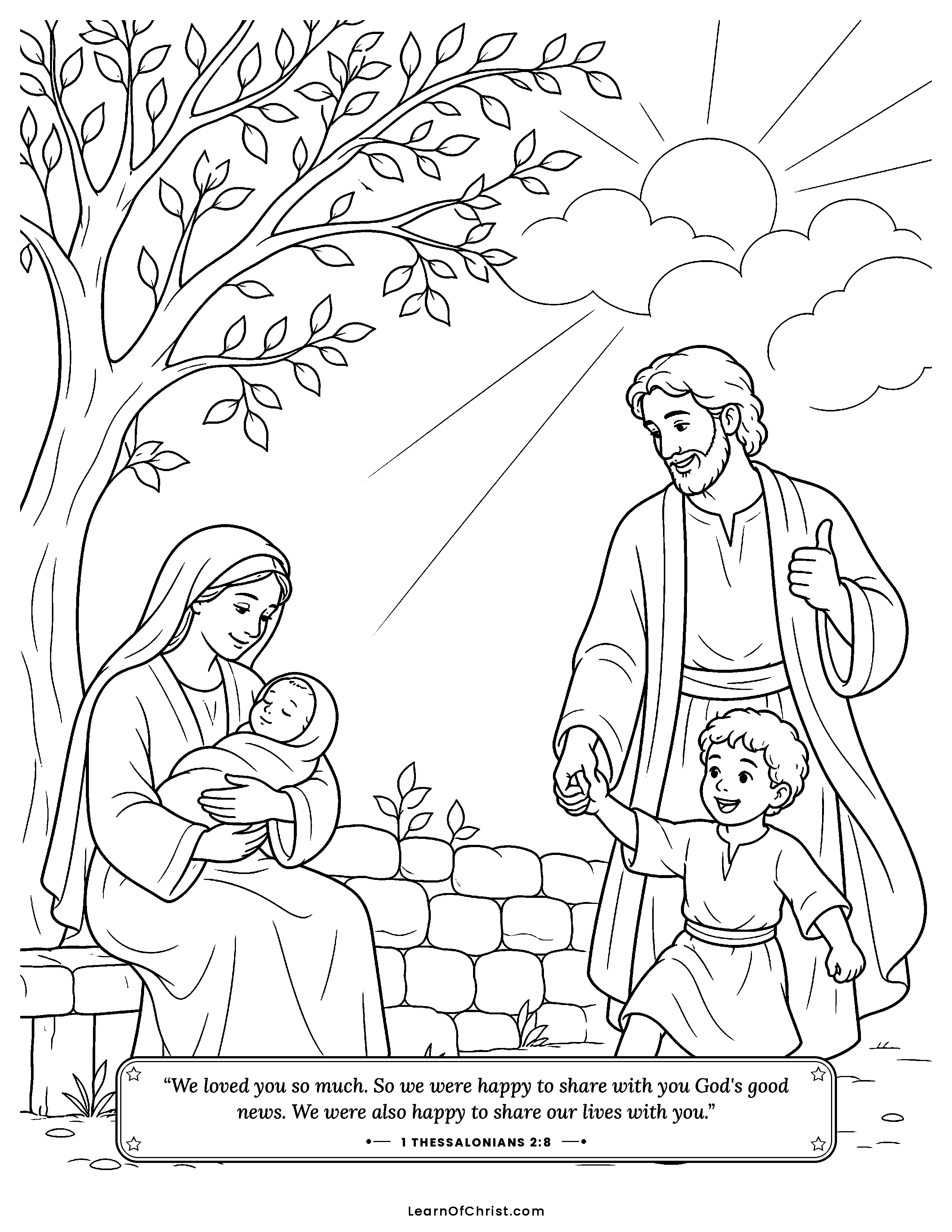 1 Thessalonians 2 coloring page - Gentle as a mother, cheering as a father. Free printable Bible coloring sheet for kids.
