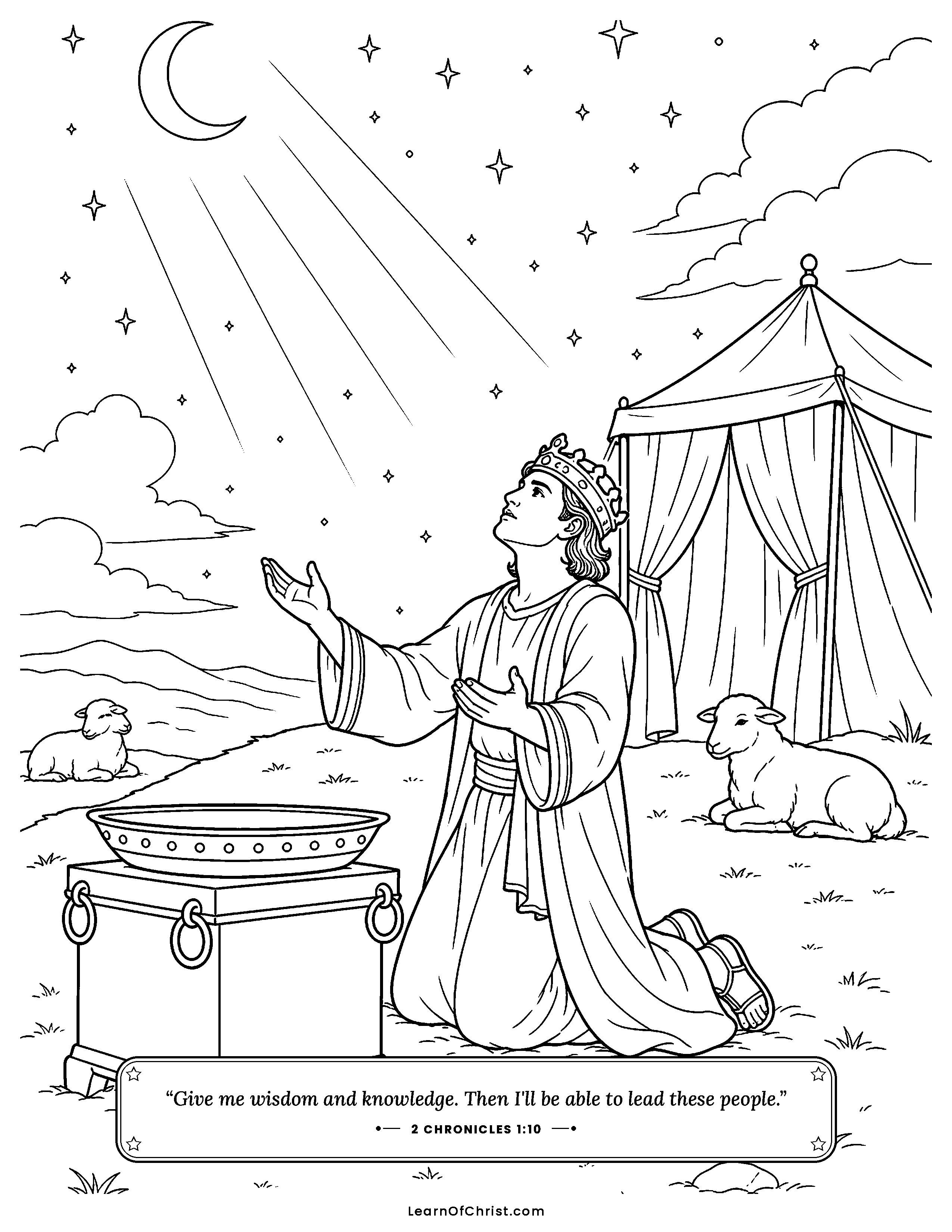 2 Chronicles 1 coloring page - Solomon asks God for a wise heart. Free printable Bible coloring sheet for kids.
