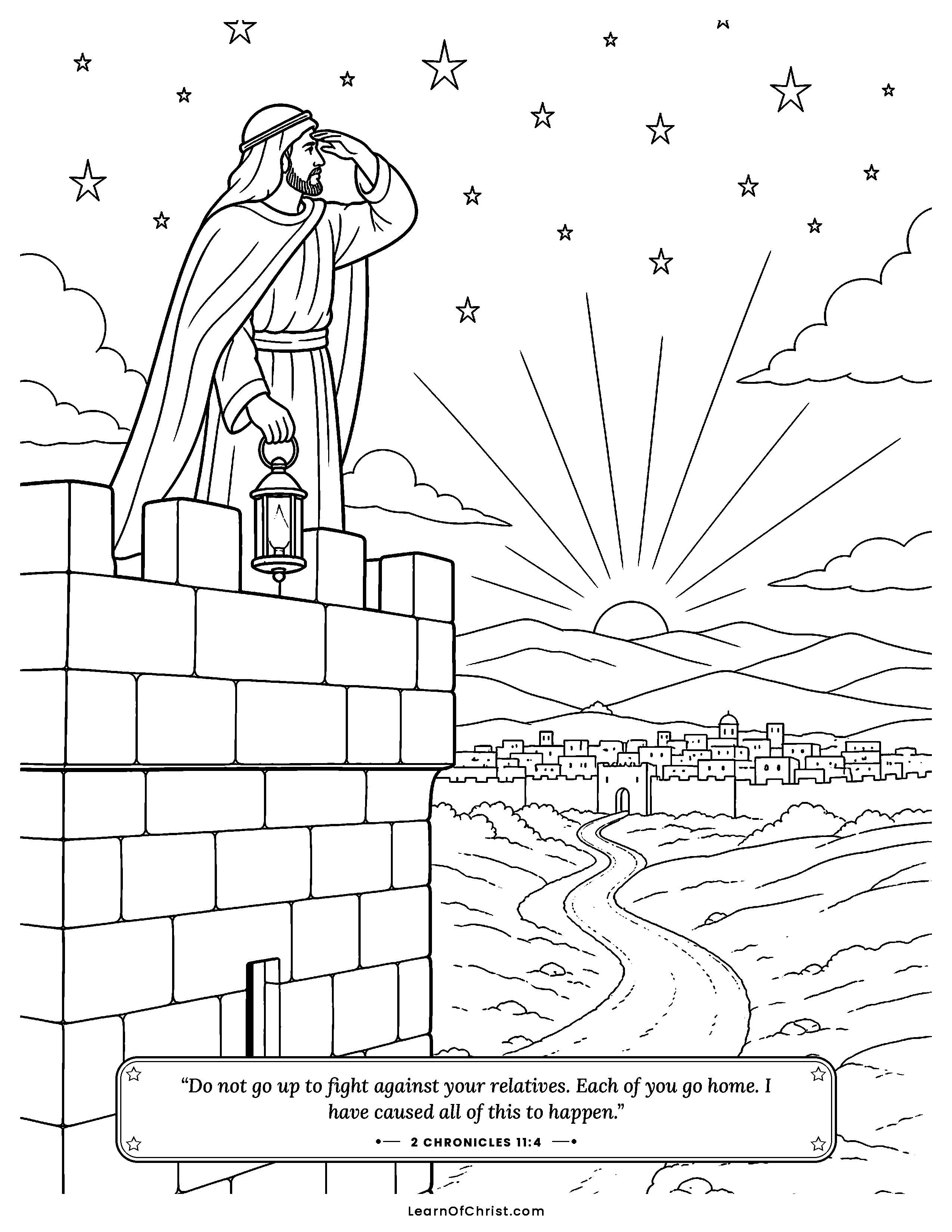 2 Chronicles 11 coloring page - Rehoboam fills the storehouse towns. Free printable Bible coloring sheet for kids.