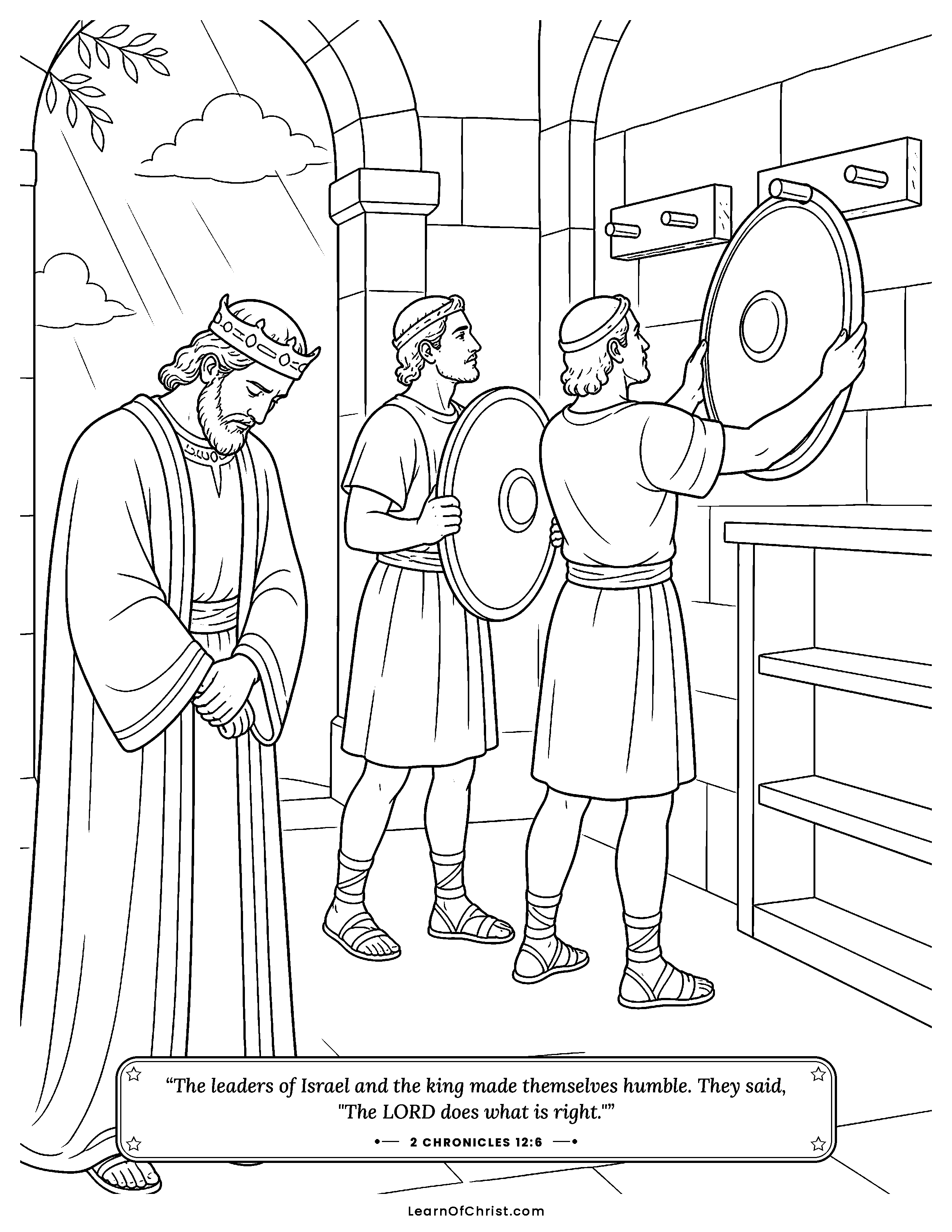 2 Chronicles 12 coloring page - Bronze shields replace the golden ones. Free printable Bible coloring sheet for kids.
