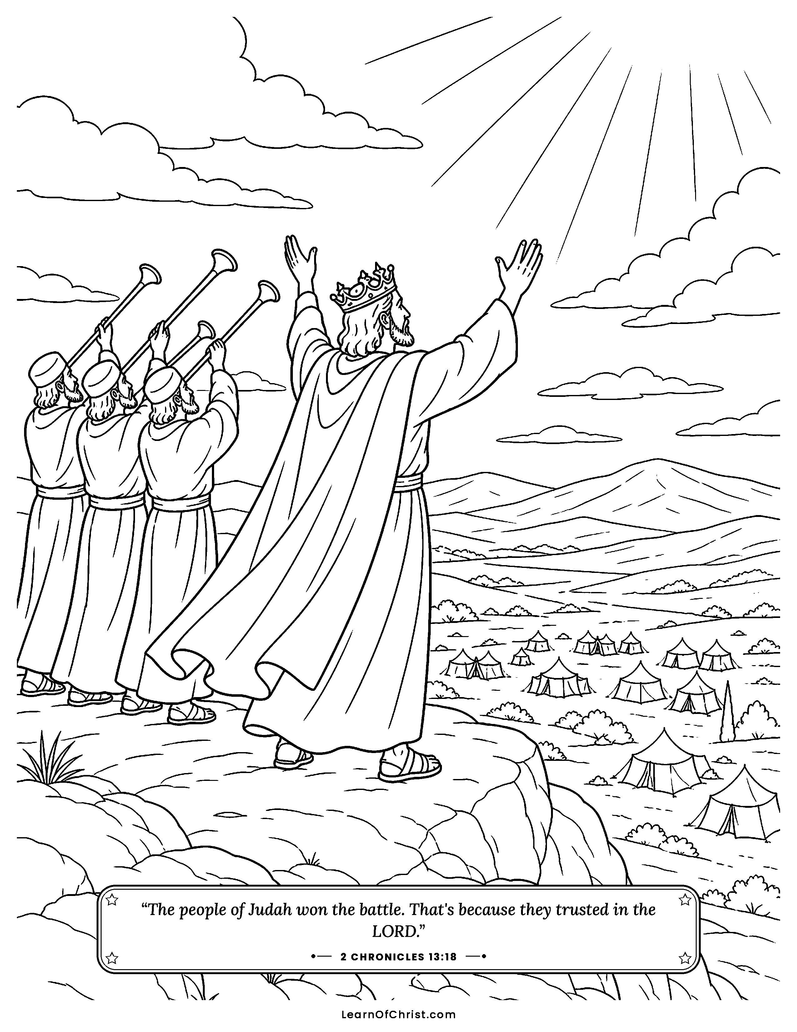 2 Chronicles 13 coloring page - Abijah calls out from the hilltop. Free printable Bible coloring sheet for kids.