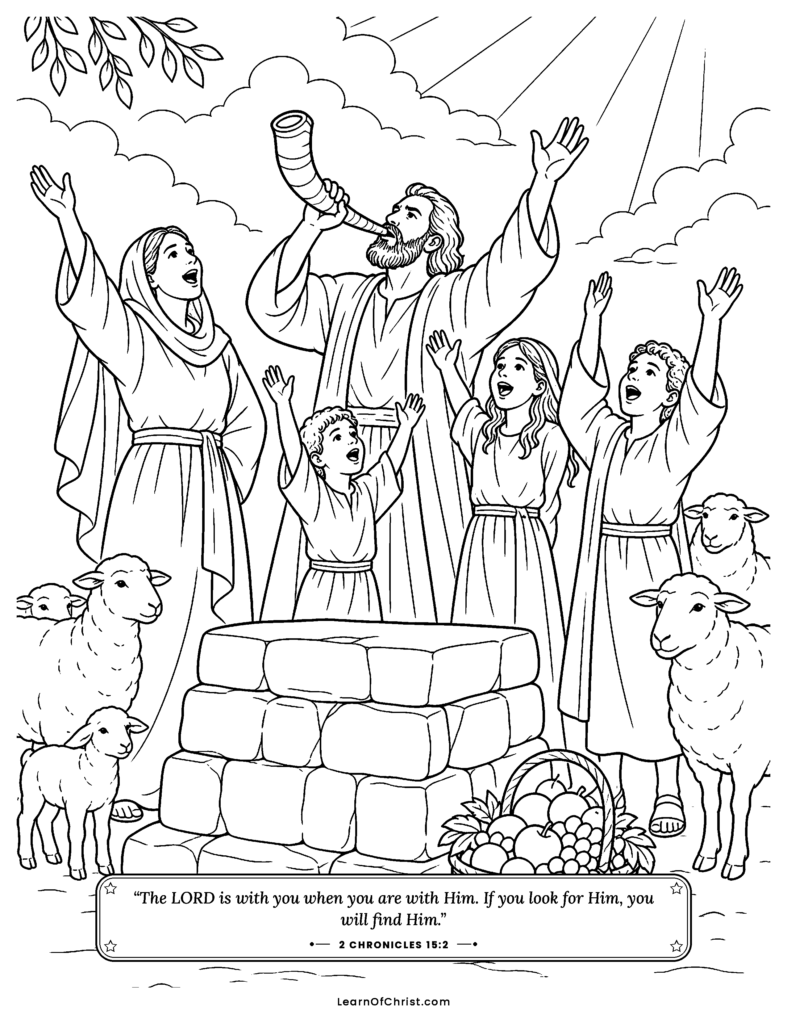 2 Chronicles 15 coloring page - The people promise to seek God together. Free printable Bible coloring sheet for kids.