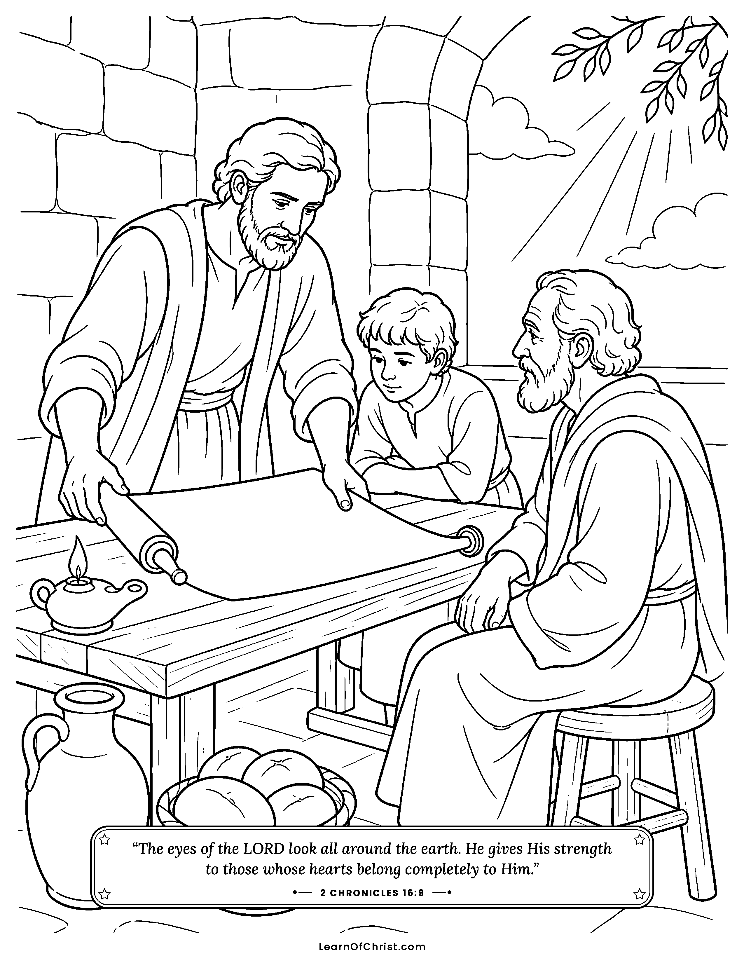 2 Chronicles 16 coloring page - Treasure is carried out of the temple. Free printable Bible coloring sheet for kids.