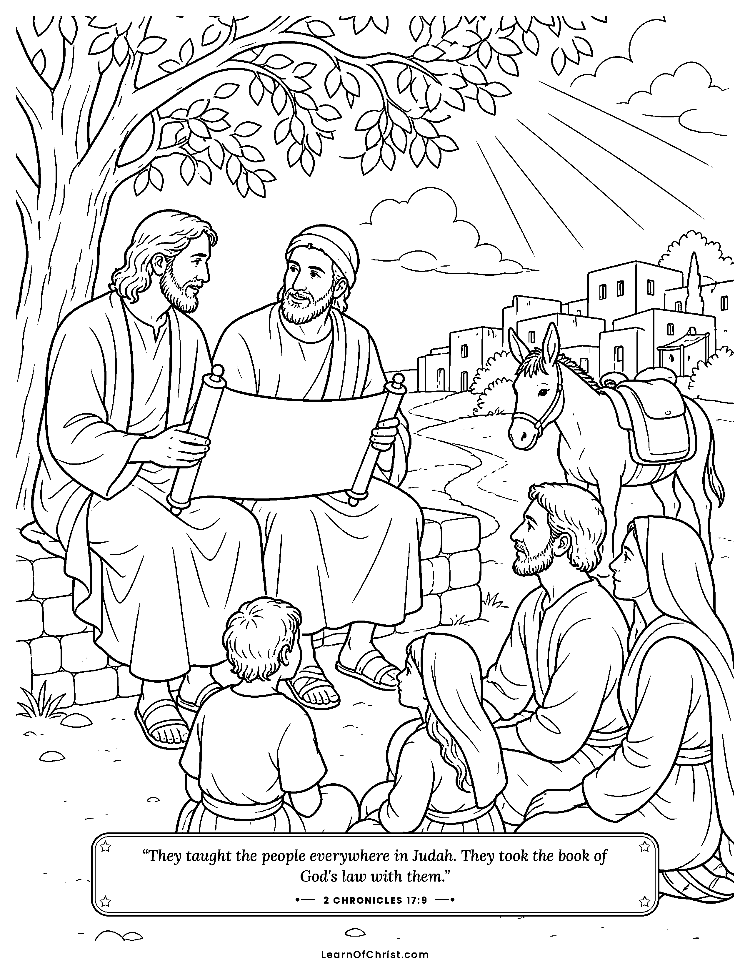 2 Chronicles 17 coloring page - Teachers carry God's book to every town. Free printable Bible coloring sheet for kids.