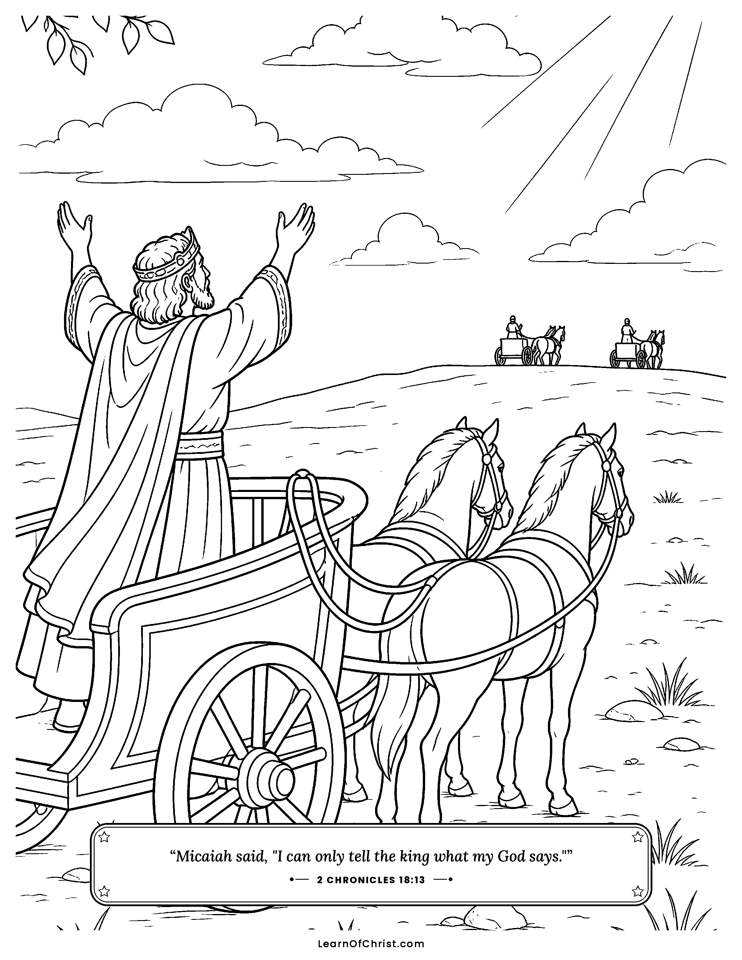 2 Chronicles 18 coloring page - Jehoshaphat calls out and is helped. Free printable Bible coloring sheet for kids.