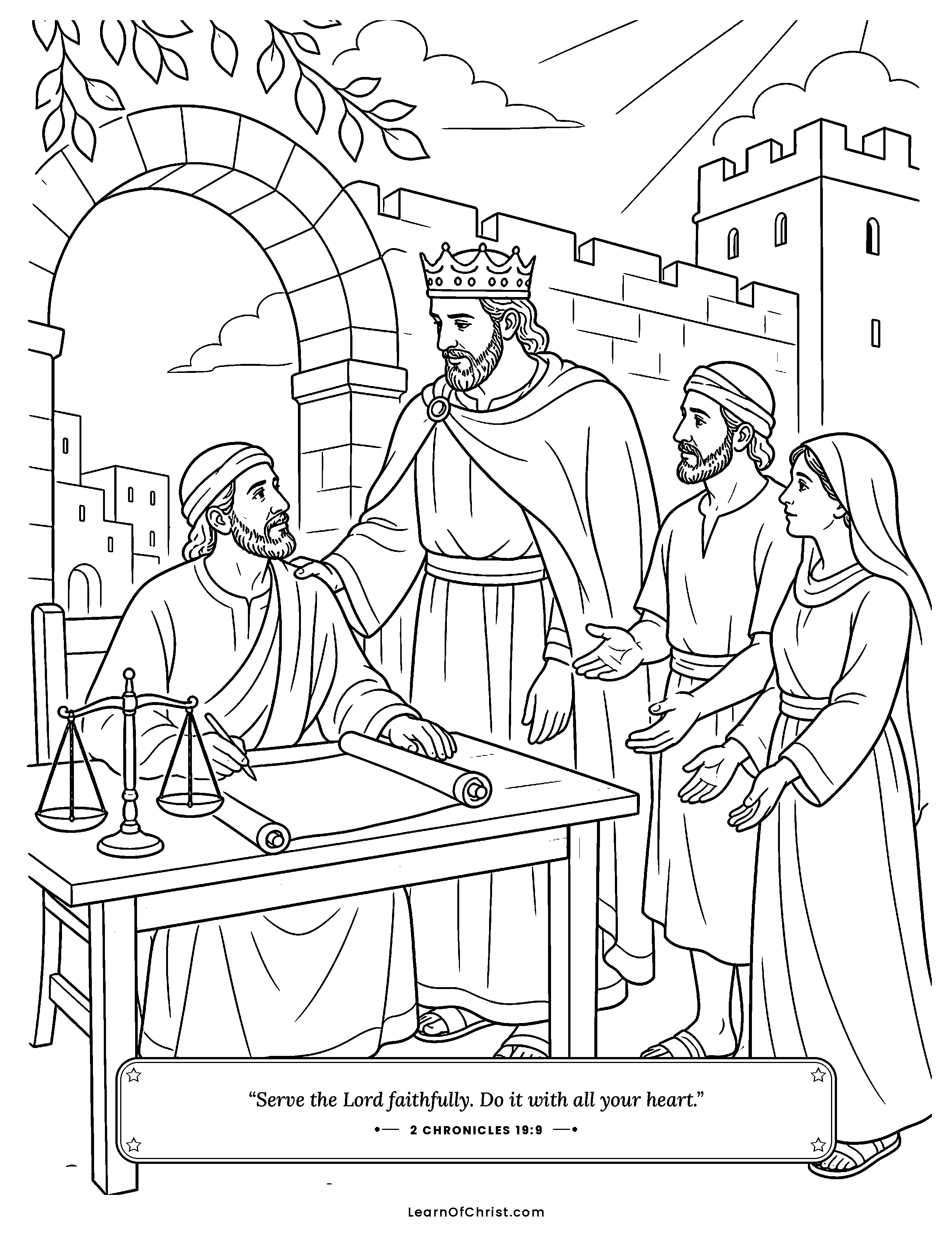 2 Chronicles 19 coloring page - Fair judges are placed in every city. Free printable Bible coloring sheet for kids.