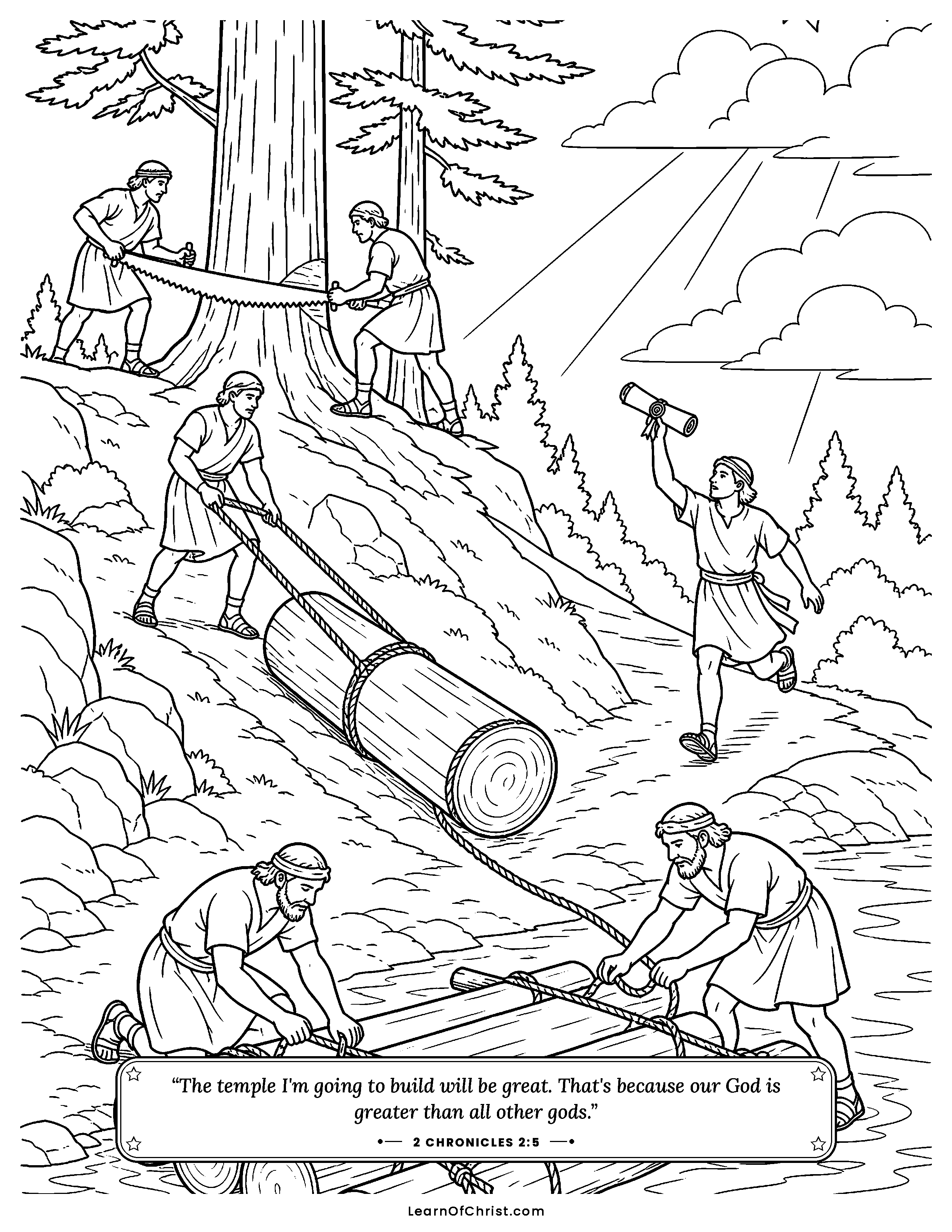 2 Chronicles 2 coloring page - Cedar logs are cut for the temple. Free printable Bible coloring sheet for kids.