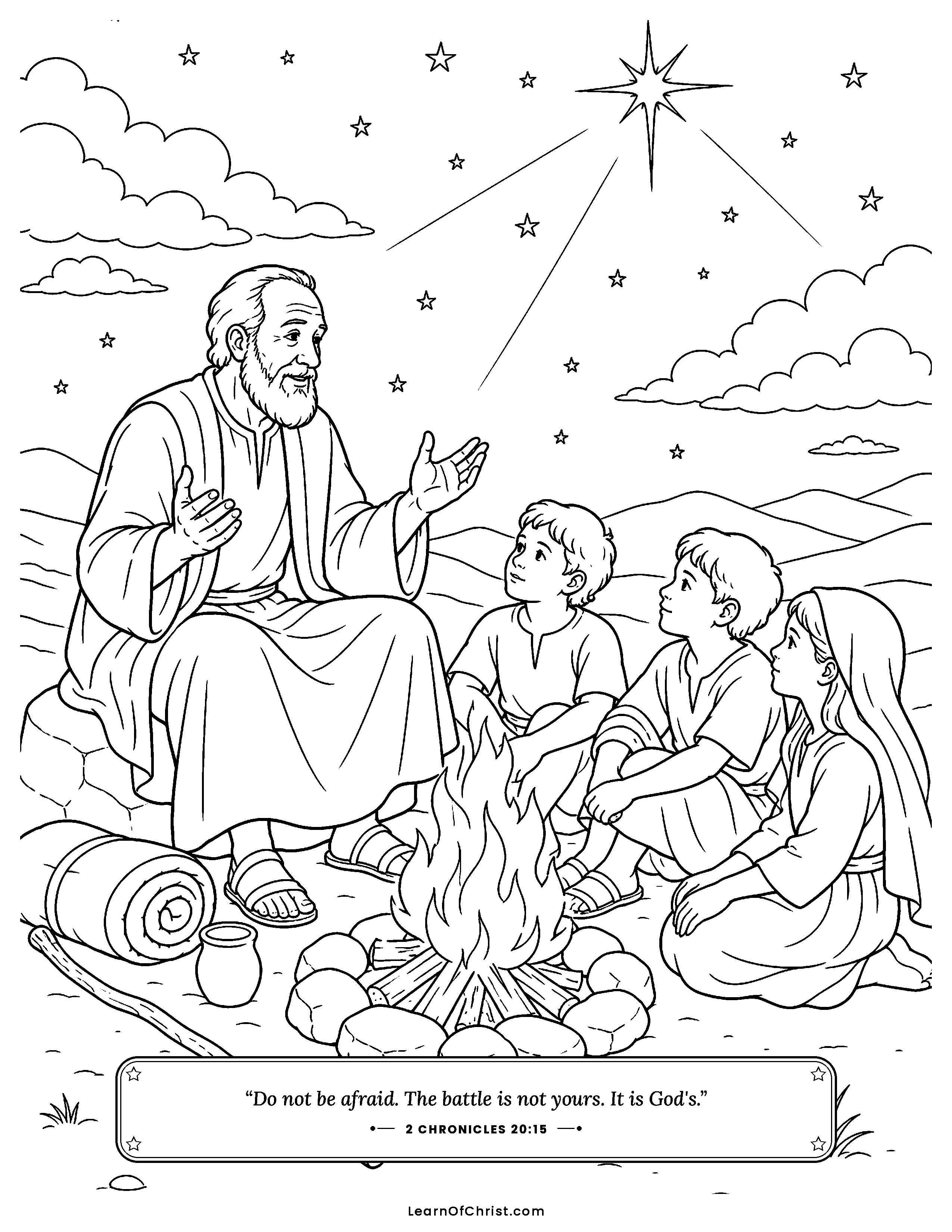 2 Chronicles 20 coloring page - Singers march out in front of the army. Free printable Bible coloring sheet for kids.