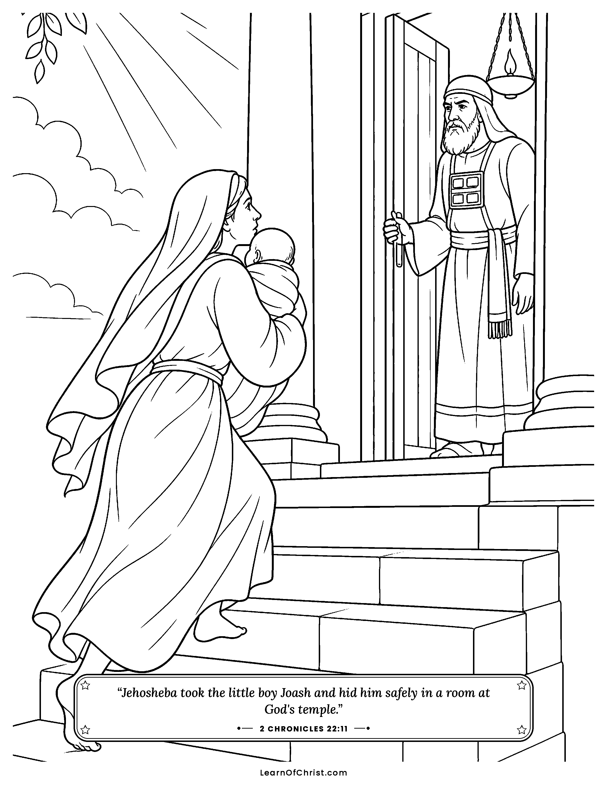 2 Chronicles 22 coloring page - Jehosheba hides baby Joash safely. Free printable Bible coloring sheet for kids.