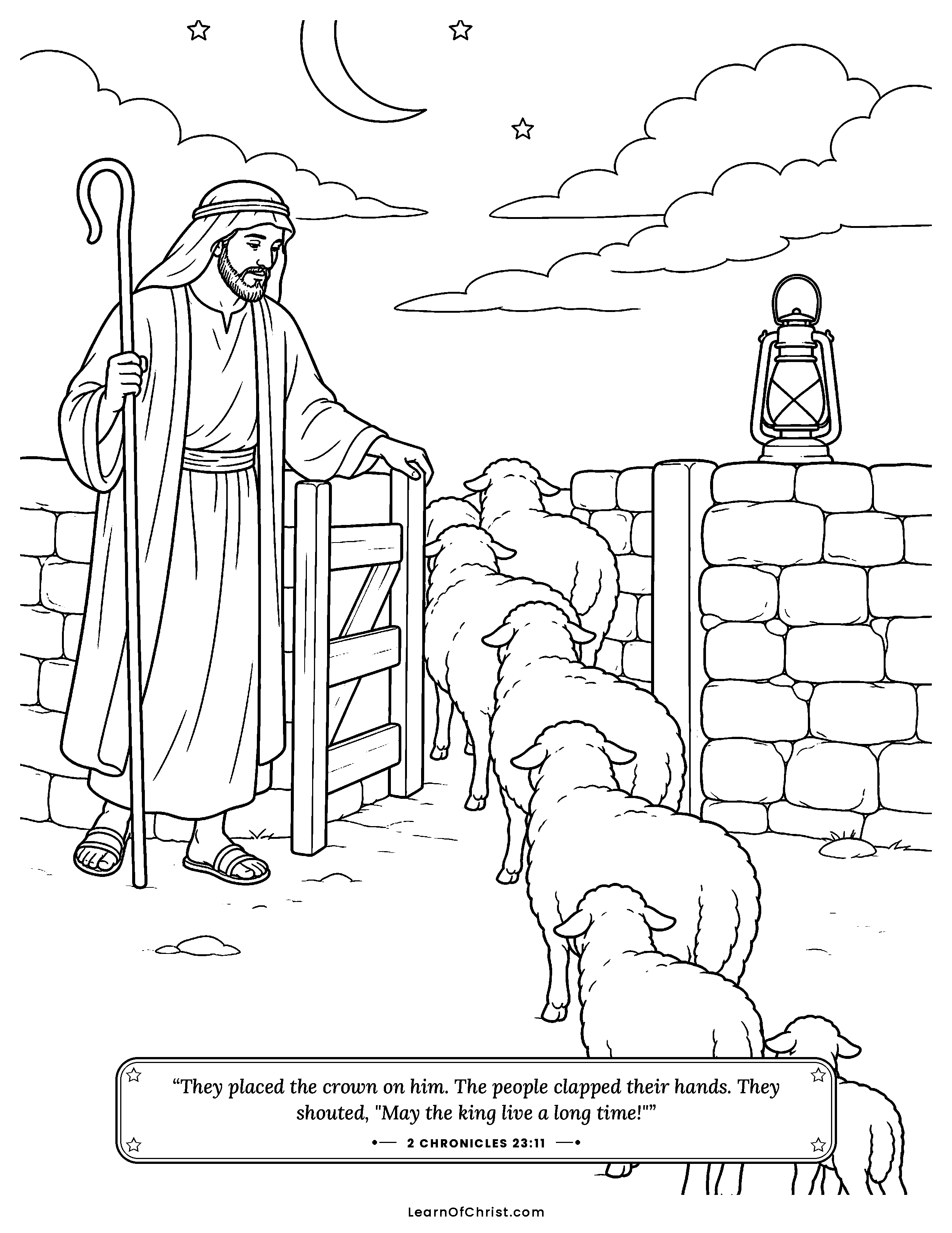 2 Chronicles 23 coloring page - Trumpets ring in the temple courtyard. Free printable Bible coloring sheet for kids.