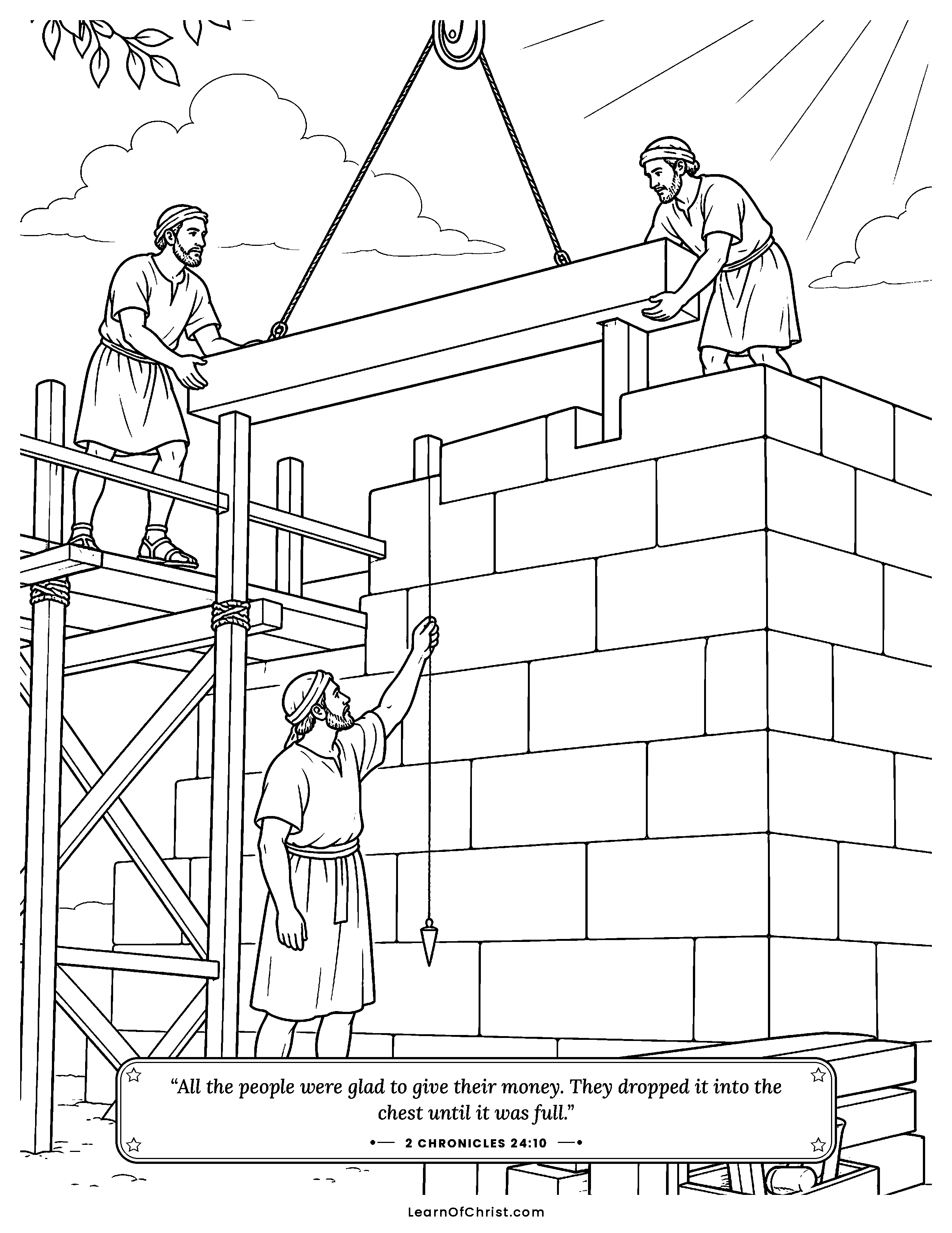 2 Chronicles 24 coloring page - New beams for the temple roof. Free printable Bible coloring sheet for kids.