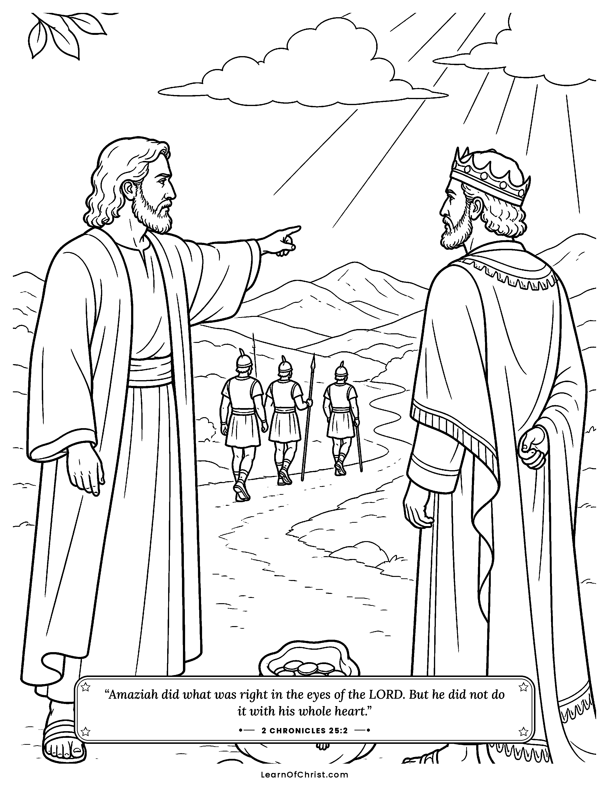 2 Chronicles 25 coloring page - Amaziah sends the hired soldiers home. Free printable Bible coloring sheet for kids.