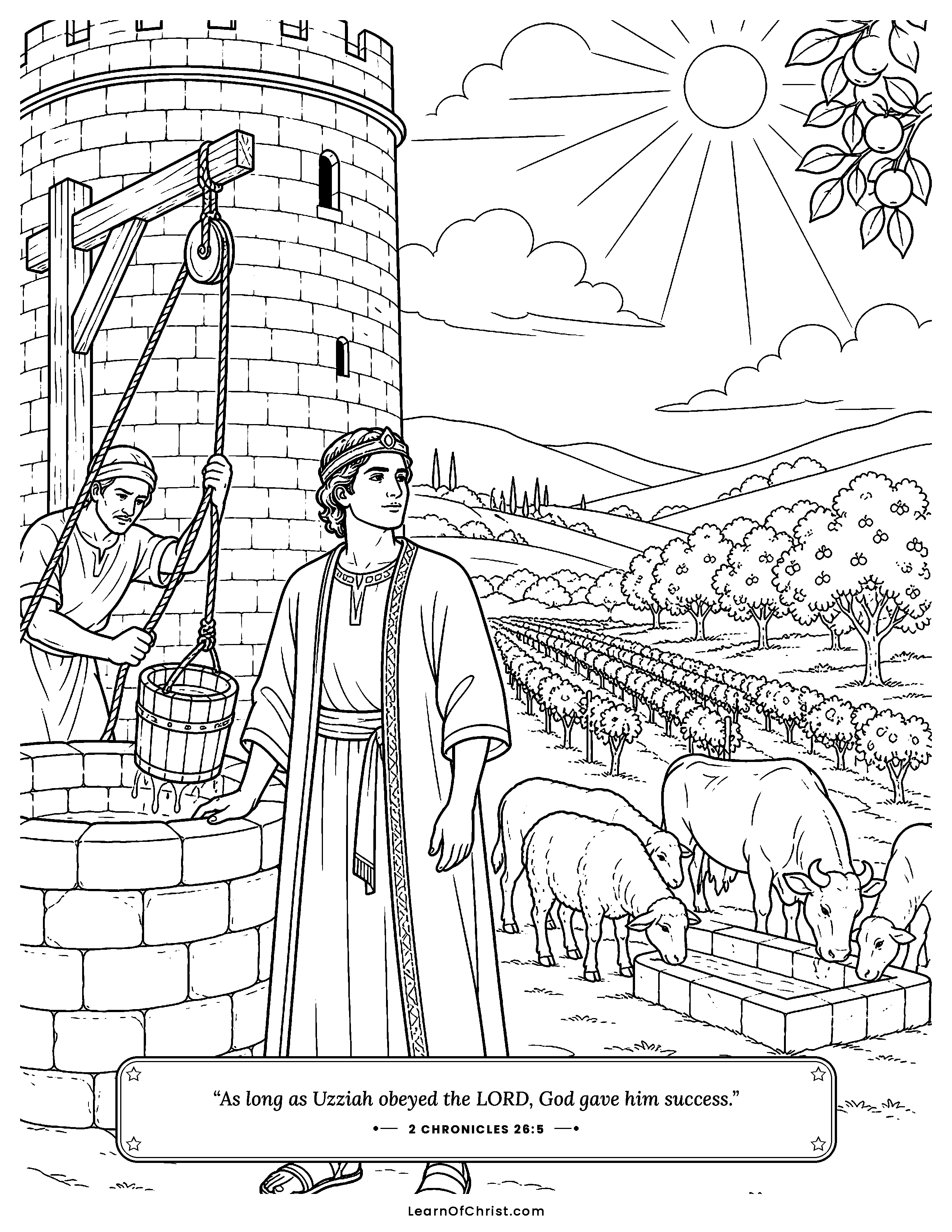 2 Chronicles 26 coloring page - Uzziah builds towers and digs wells. Free printable Bible coloring sheet for kids.