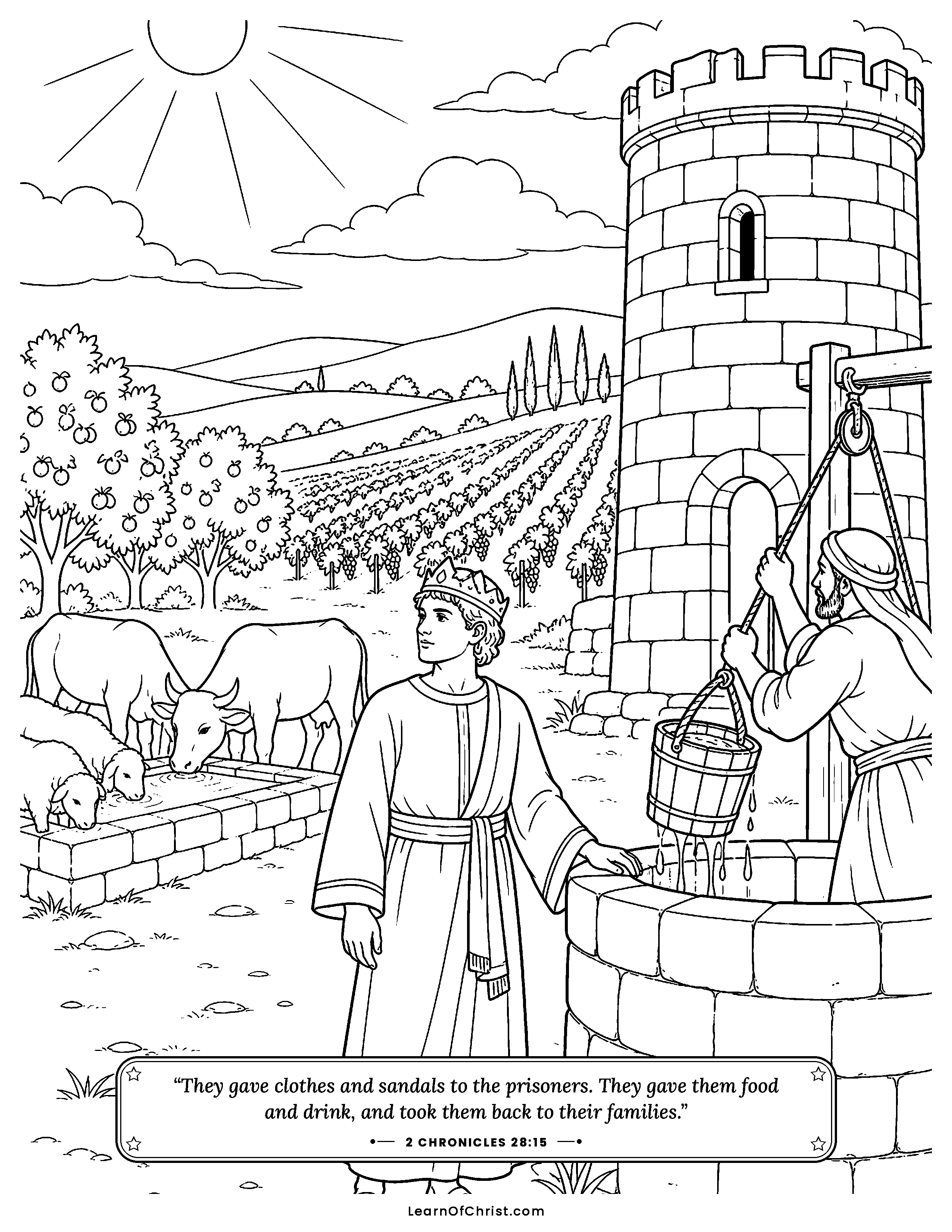 2 Chronicles 28 coloring page - Kindness sends the captives safely home. Free printable Bible coloring sheet for kids.