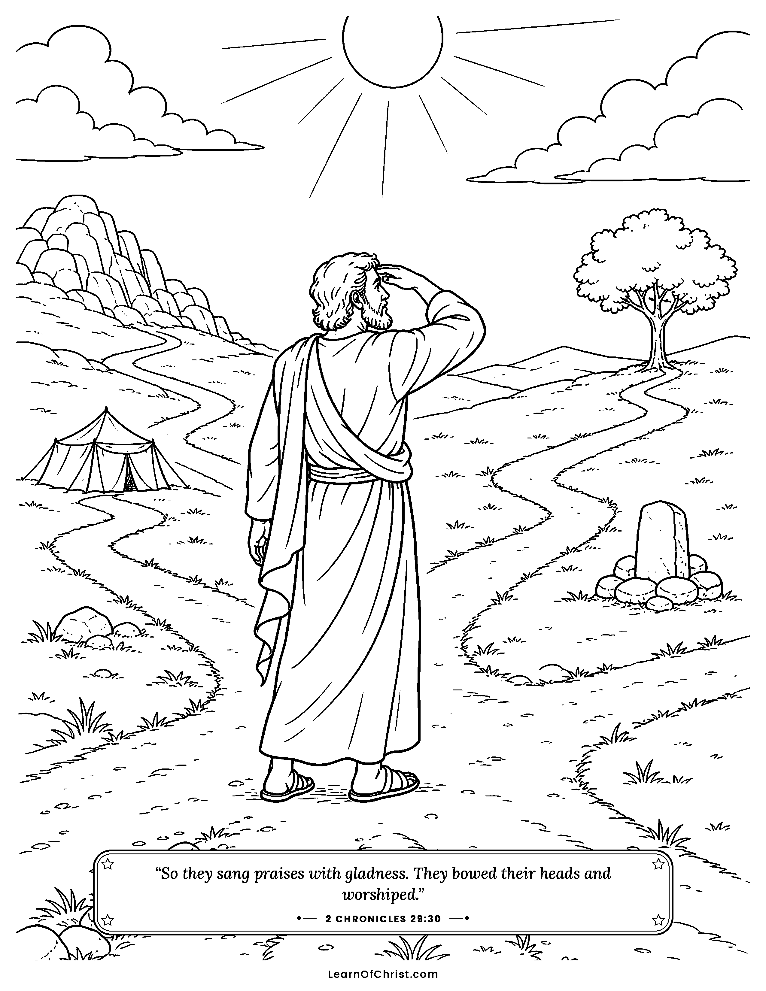 2 Chronicles 29 coloring page - Hezekiah opens the temple doors again. Free printable Bible coloring sheet for kids.