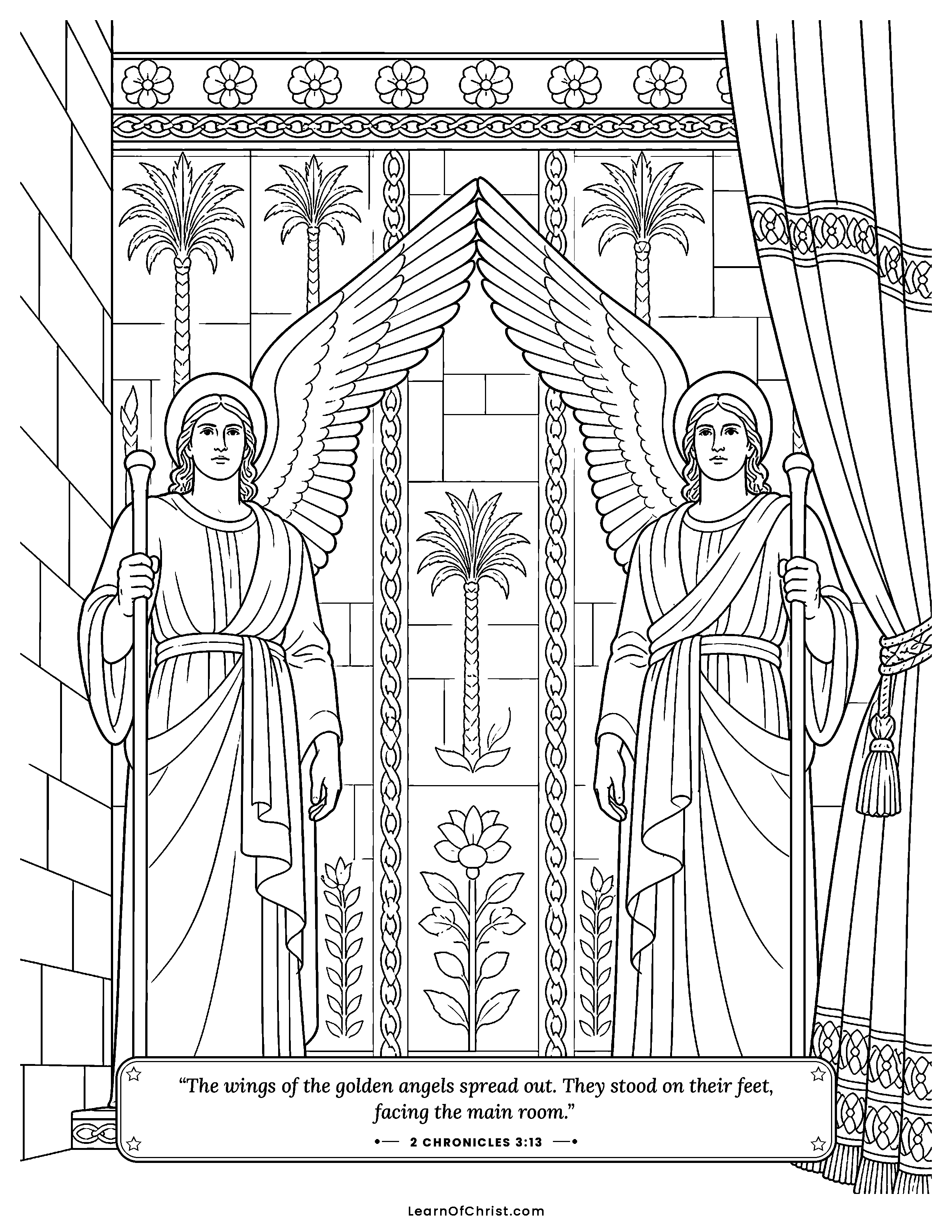 2 Chronicles 3 coloring page - Golden angels spread wings in the temple. Free printable Bible coloring sheet for kids.