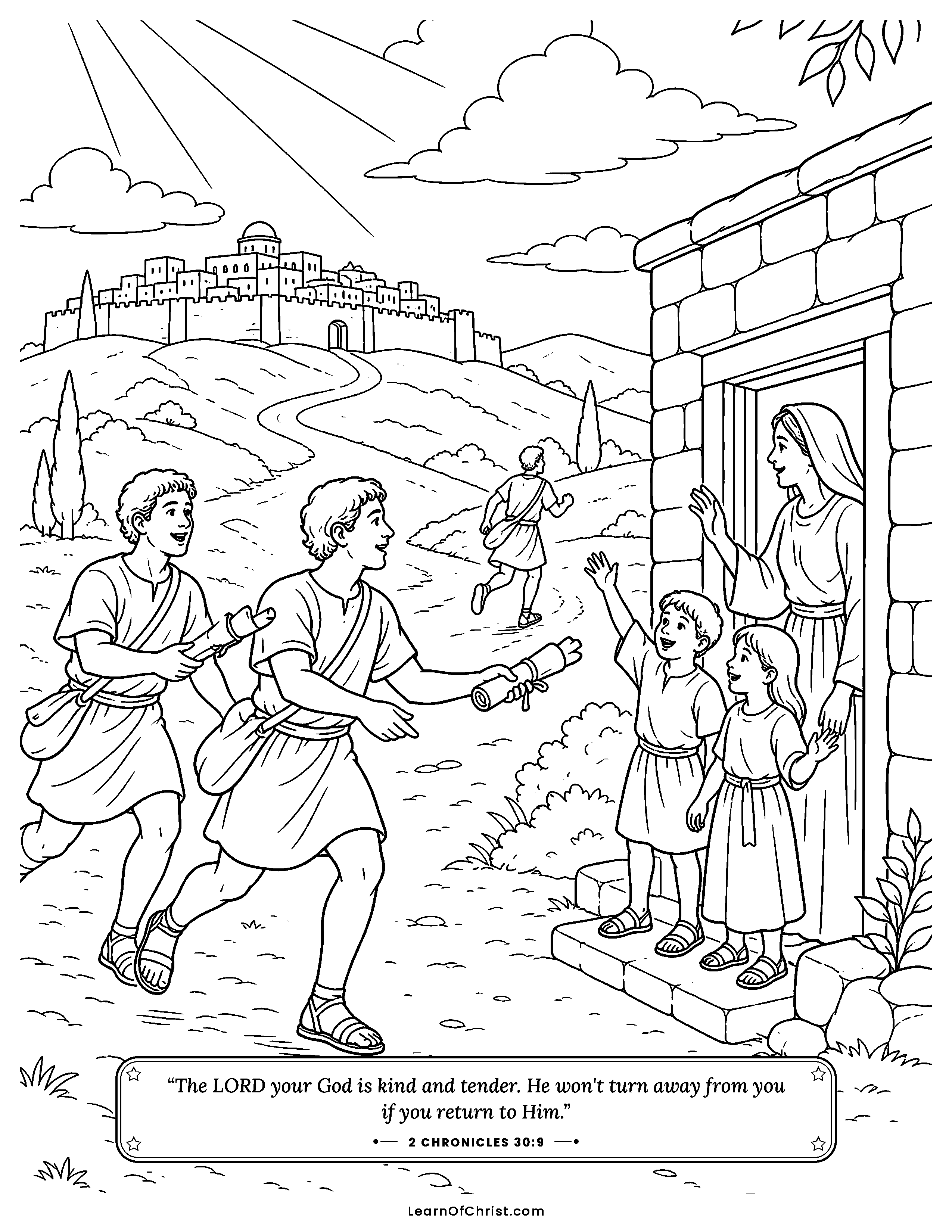 2 Chronicles 30 coloring page - Runners carry invitations across the land. Free printable Bible coloring sheet for kids.